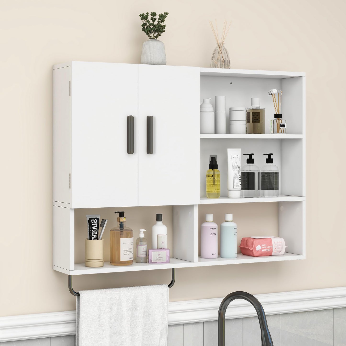 Vavkorkula Bathroom Wall Cabinet, Medicine Cabinet, Wall Mounted Bathroom Cabinet with 2 Doors & Towel Bar, Over The Toilet Storage Cabinet for Laundry & Kitchen, White