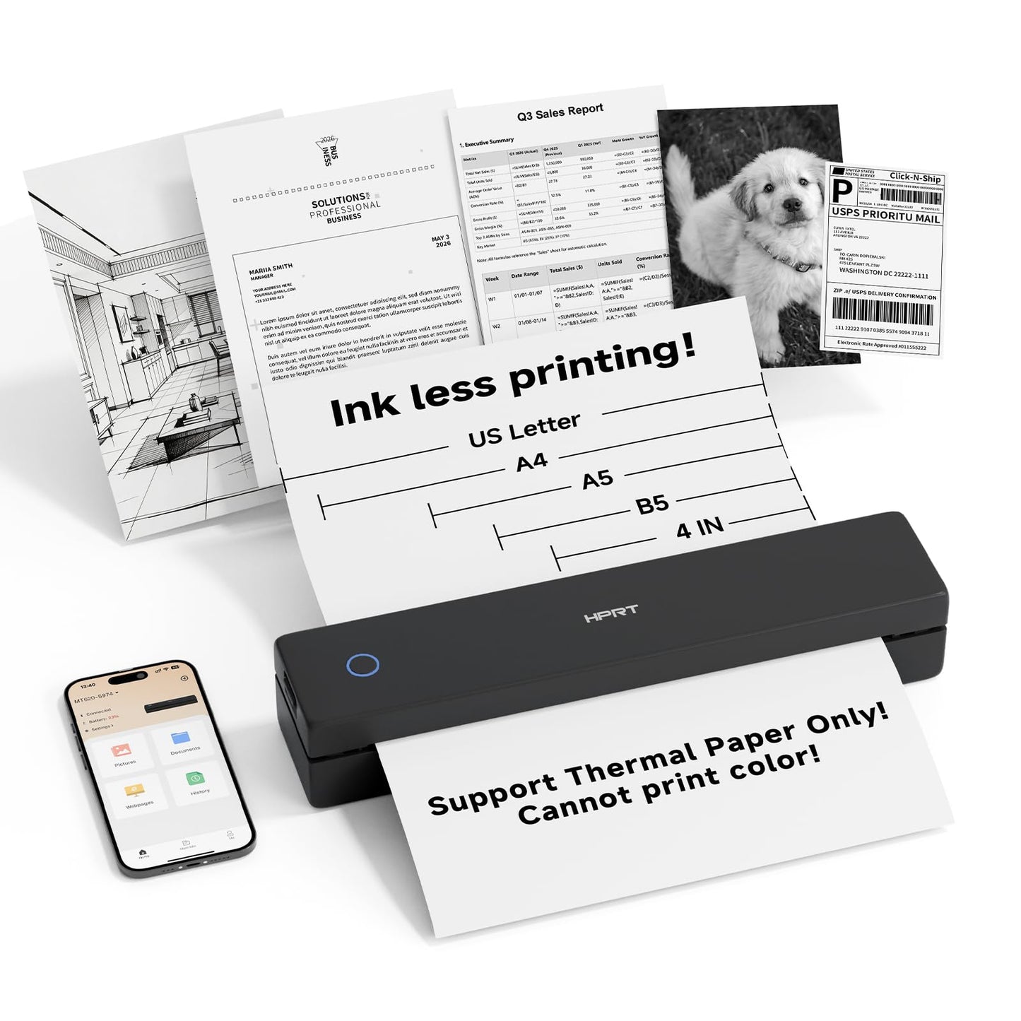 HPRT MT620 Portable Printer Wireless for Travel, Inkless Thermal Printer for iOS/Andorid/Laptop, Supports Thermal Paper & Labels,Supports 8.5"x 11"US Letter & A4, A5 for Office/Home/School/Vehicles