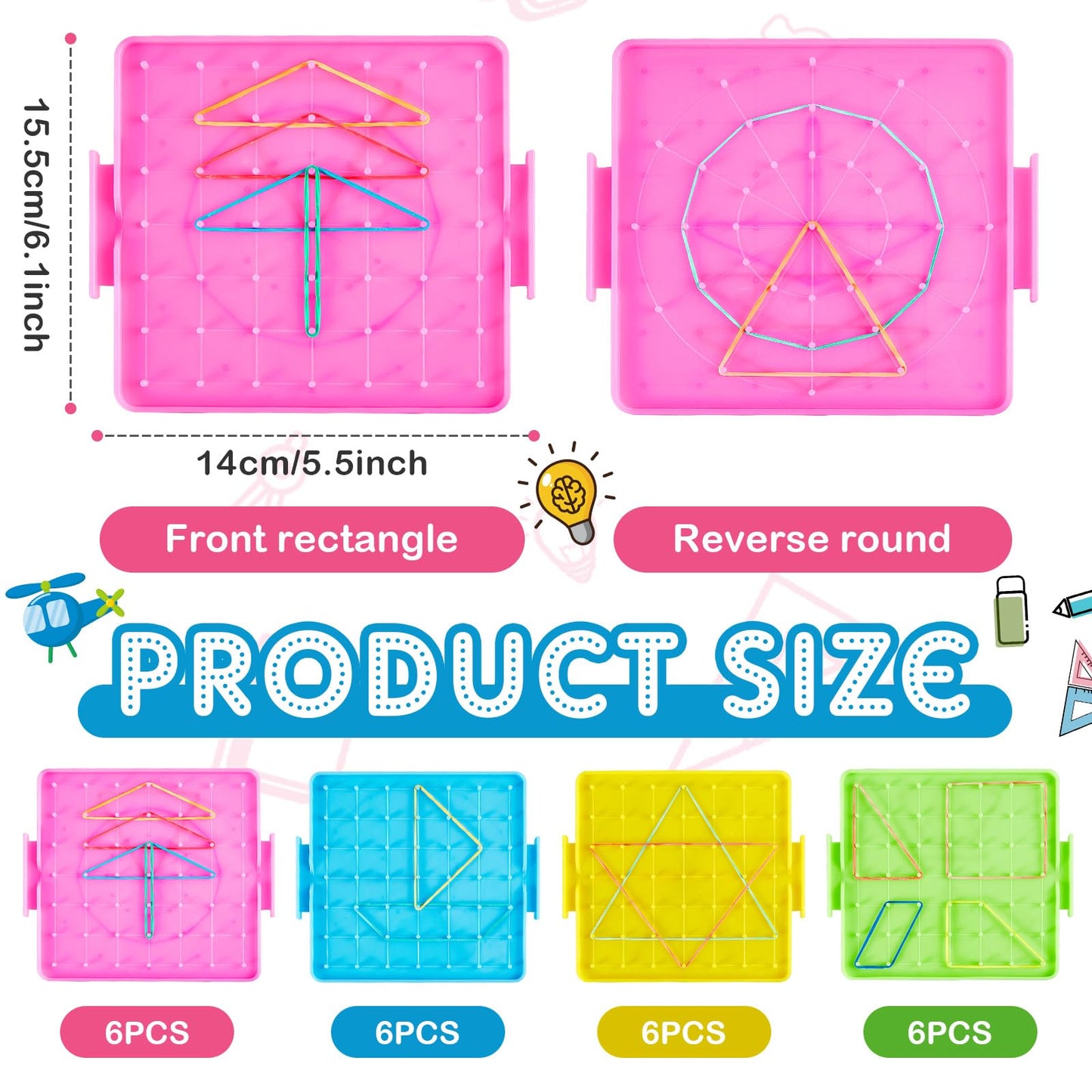 Deekin 24 Pcs Double Sided Geoboard Mathematical Kids Geoboards with Rubber Bands Math Manipulatives Toy for Geometry, 6.9 x 6.3 Inches Classroom Back to School