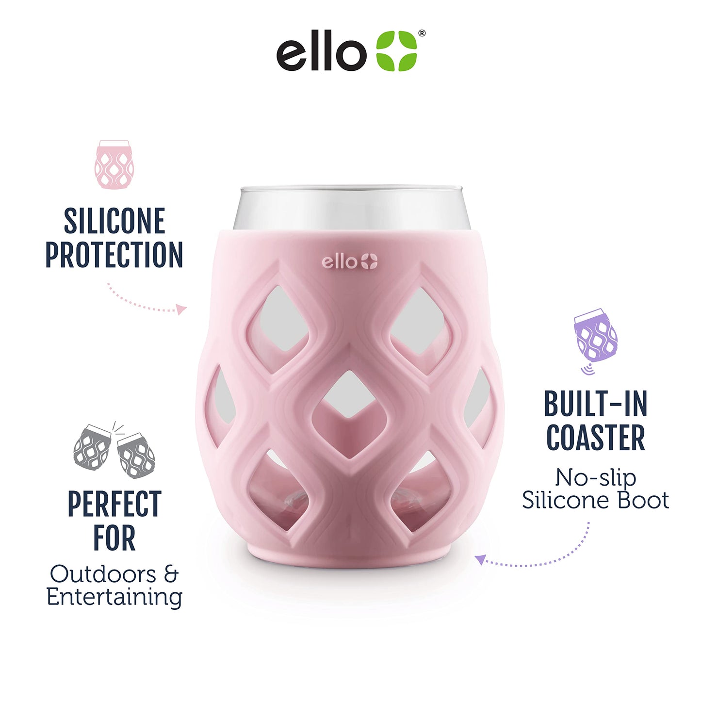 Ello Cru 17oz Stemless Wine Glass Set with Protective Silicone Sleeves, 6 Pack Cocktail Glass Perfect for Summer Patios and Parties Holiday Gifting Her Him Mother's Day, Dishwasher Safe, Berry Smash