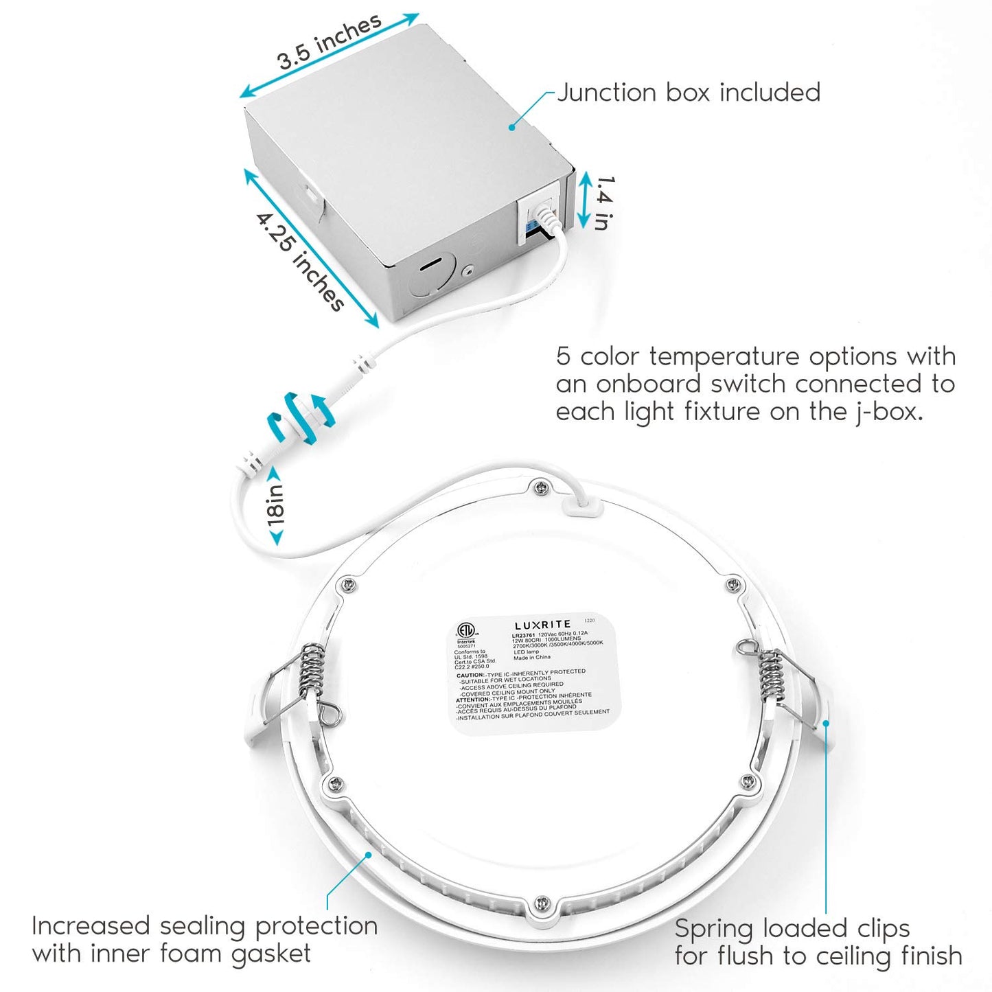 LUXRITE 6 Inch Ultra Thin LED Recessed Light with J-Box, 12W, Color Temperature Selectable 2700K | 3000K | 3500K | 4000K | 5000K, Dimmable Wafer Light, 1000 Lumens, Energy Star, IC Rated (4 Pack)