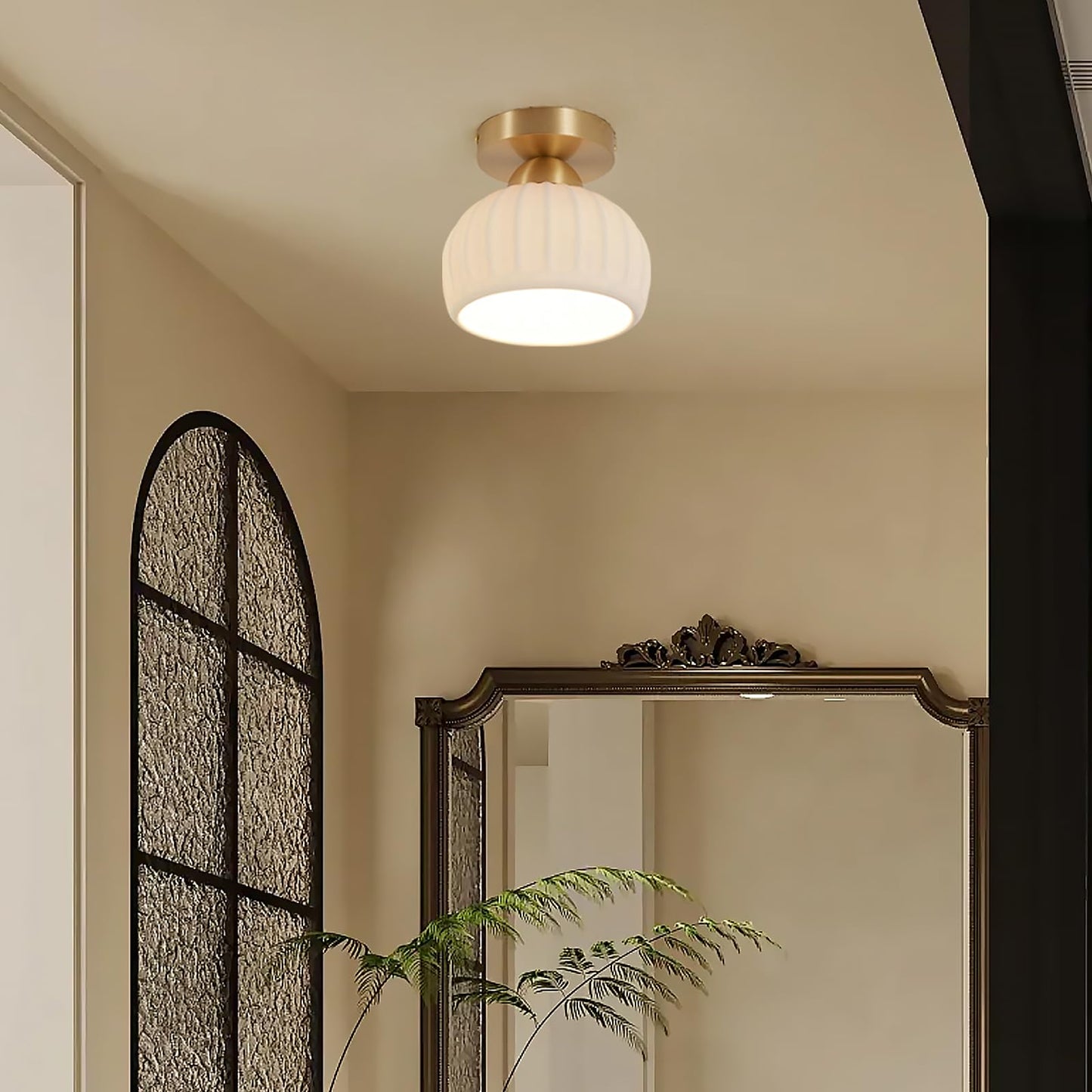 Fetason 2 Pack Ceramic Brass Semi Flush Mount Ceiling Light Vintage Hallway Light Fixtures, Modern Small Ceiling Mount Light Lamp for Hall Kitchen Entryway Passway Porch Foyer
