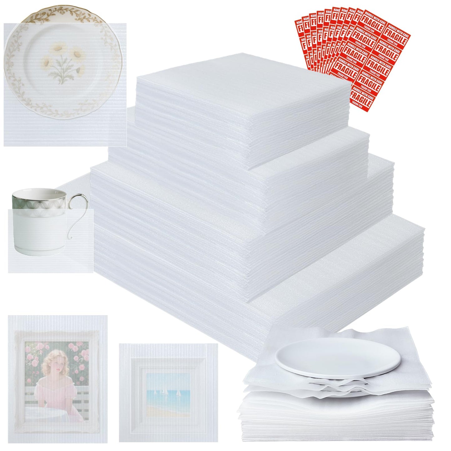 350 Pcs Dish Packing Supplies for Moving, 250 Cushion Foam Pouches and Sheets, 4 Sizes (16x12'', 12x12'', 12x8'', 8x8'') with 100 Fragile Stickers, Foam Pouches for Packing, Storage, Shipping
