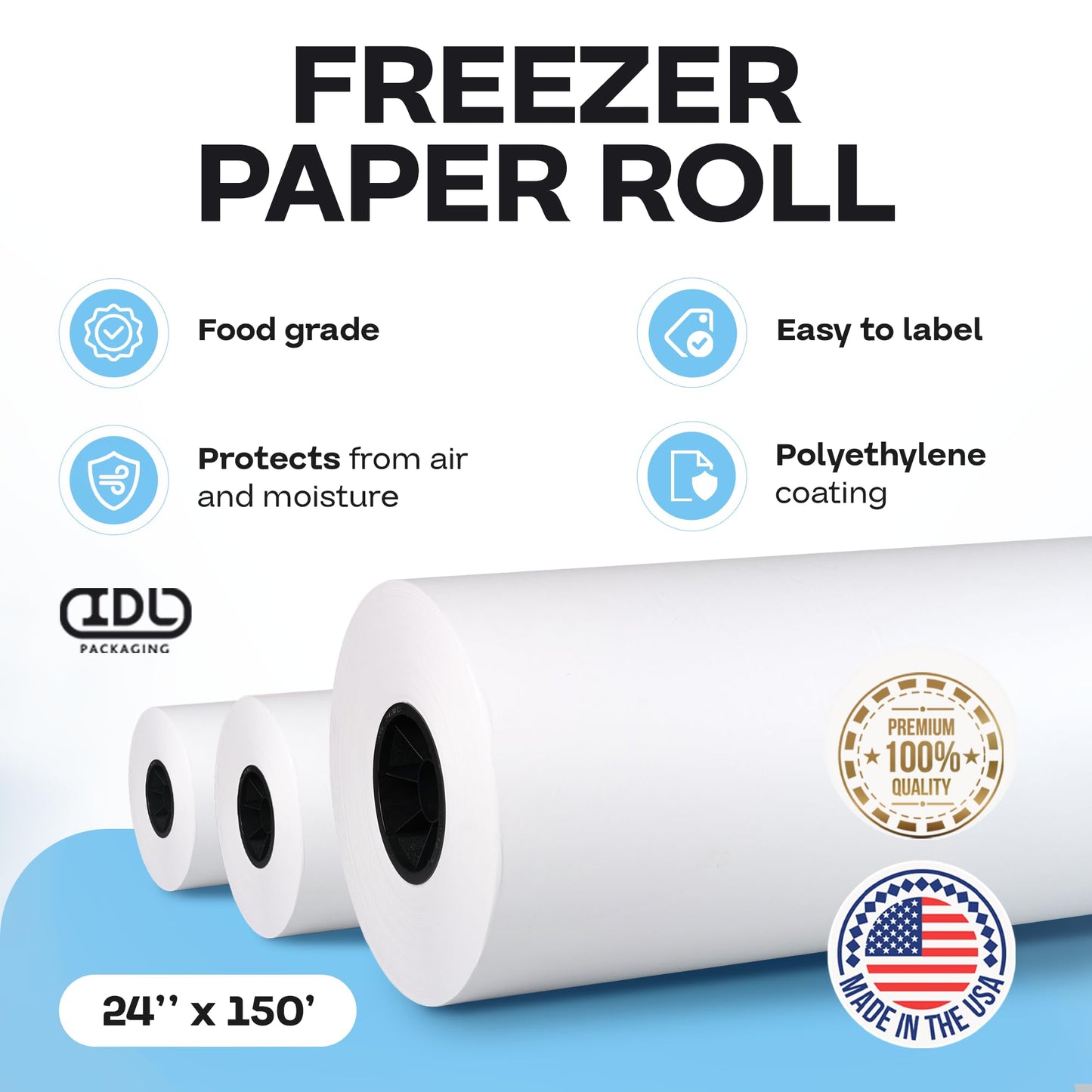 Freezer Paper Roll 24" x 1800" (150 feet) - USA-made White Paper for Freezing Food - Freezer Material with Special Coating for Meat & Fish - Strong Barrier Against Air and Moisture by IDL Packaging