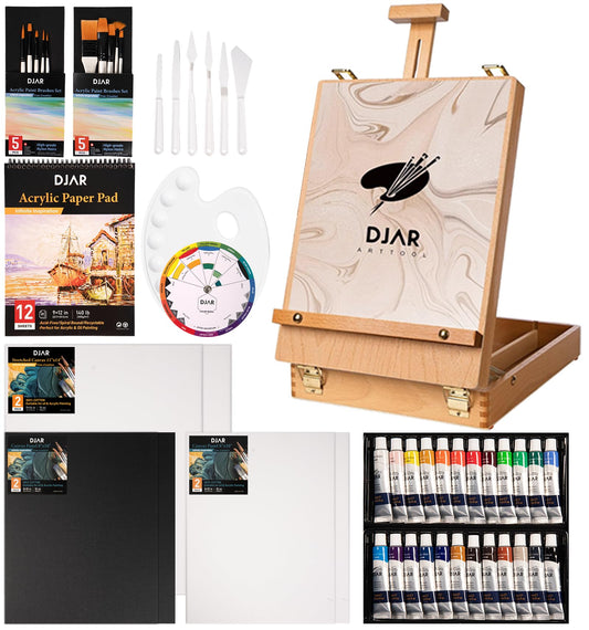 DJAR 49 Pcs Acrylic Paint Set with Tabletop Easel, Painting Kits with 24 Color Acrylic Paints, 11"x 14" Stretched Canvas & More, Art Painting Supplies for Kids Adults Beginner Artists