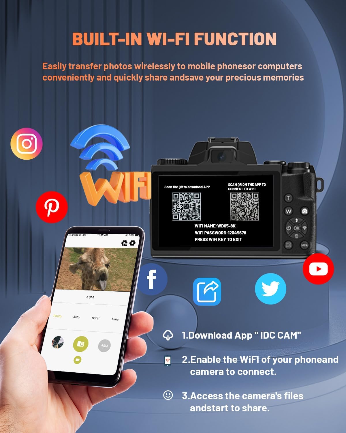 8K 64MP Digital Camera for Photography, Vlogging Camera with Autofocus, WiFi, 4 Inch Touchscreen, 16X Digital Zoom, 3000mAh Battery, Dual-Lens, Lens Hood, 32GB TF Card and Flash,Black