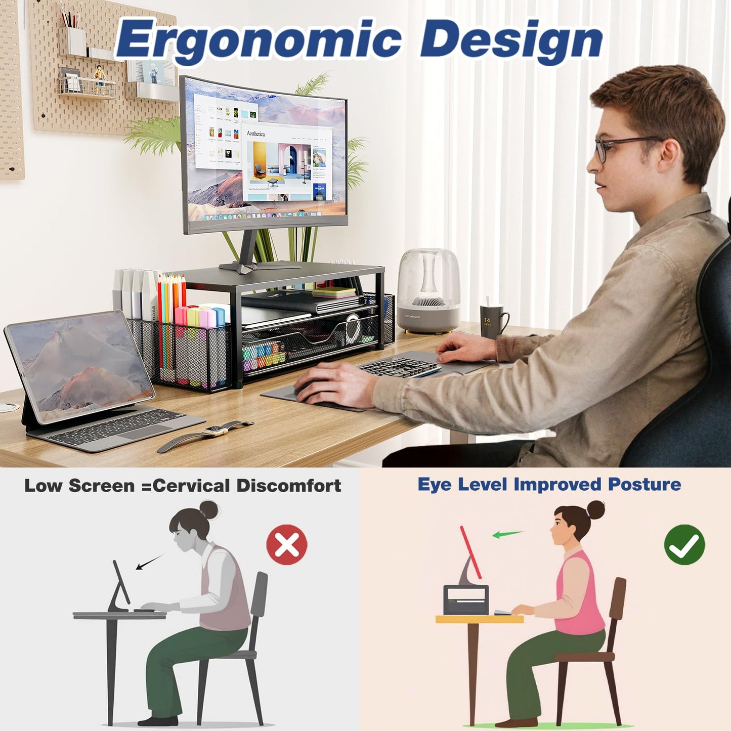 OPNICE Desk Organizer and Accessories, Dual Computer Monitor Stand Riser with Drawer and 2 Pen Holders, Laptop Stand, Office Desk Accessories for Office Supplies, Black 2-Pack