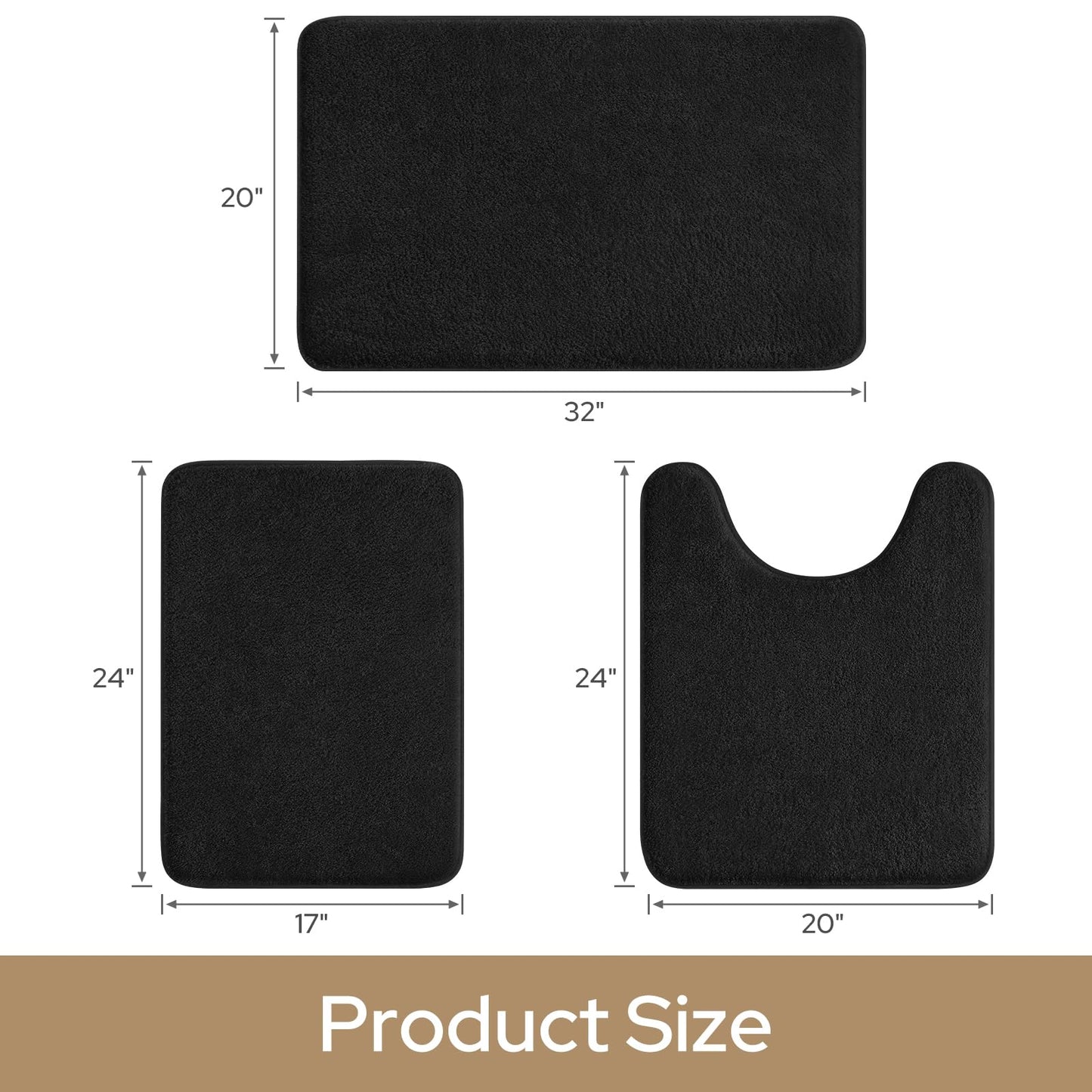 HOMEIDEAS Upgraded Bathroom Rugs Set 3 Piece, Extra Thick Absorbent Soft Memory Foam, Washable Toilet Bath Mat (Black)