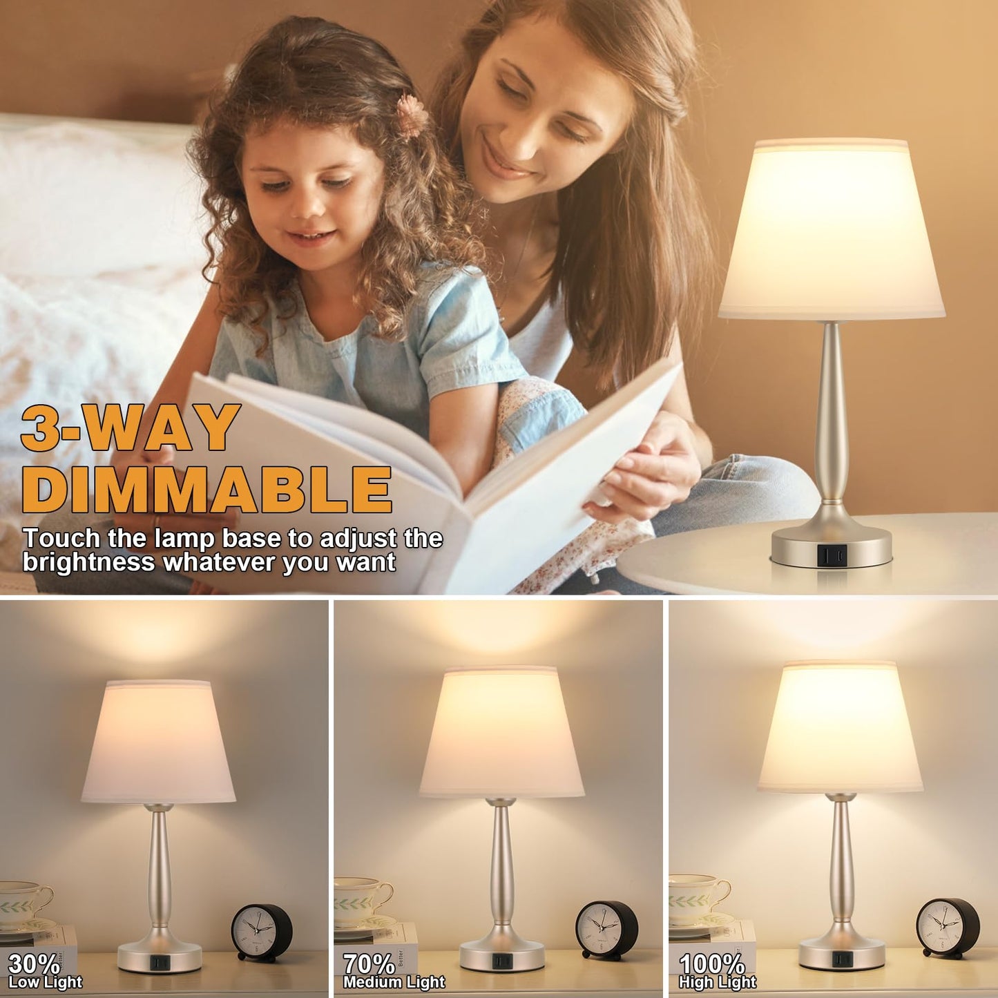 Kakanuo Touch Table Lamp for Bedroom, Small Bedside Lamp with USB C Charging Port, 3 Way Dimmable Touch Control Nightstand Lamp for Living Room, White Shade and Champagne Gold Base