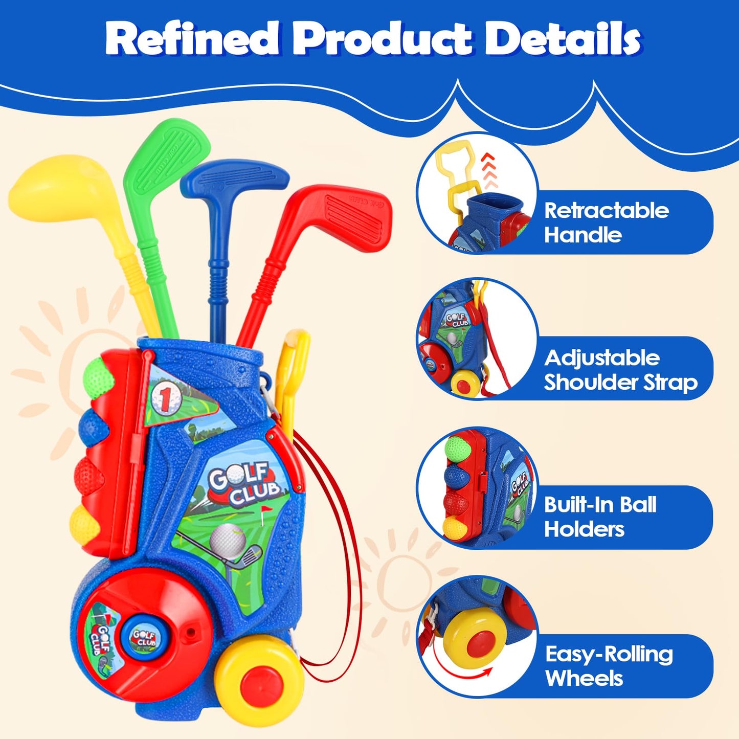 SUPER JOY Toddler Golf Set with Mat, Kids Golf Cart with 4 Clubs & 8 Balls, Indoor Outdoor Golf Toys for Boys Girls, Mini Golf Gifts for Baby 3-5 Years Old