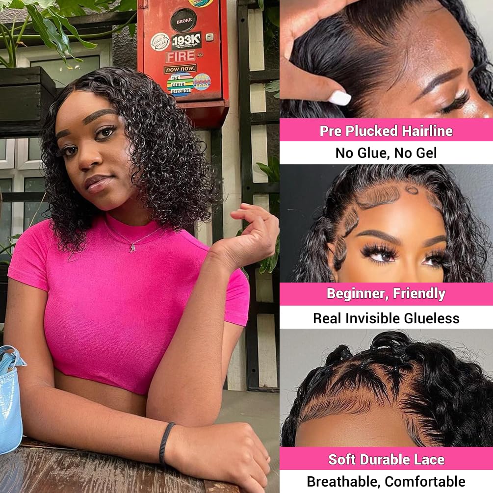 Amygirl Wear and Go Glueless Wigs Human Hair Pre Plucked Pre Cut Bob 4x4 Curly Wave Lace Front Wig 180% Density No Glue Human Hair Wigs for Black Women, Natural Black 1B, 8 Inch