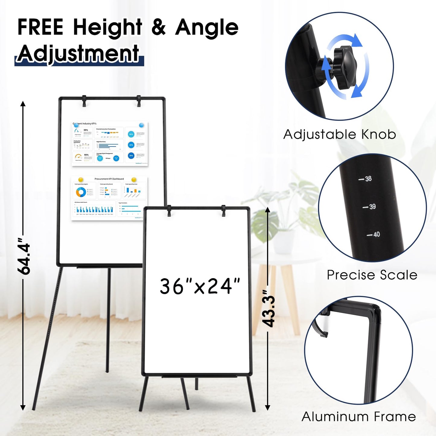 QUEENLINK Magnetic Whiteboard Easel, 36"x24" Height Adjustable Dry Erase Board with Stand, Large Aluminium Frame White Board for Teaching, Flipchart Standing Writing Board for Office，Home (Black)