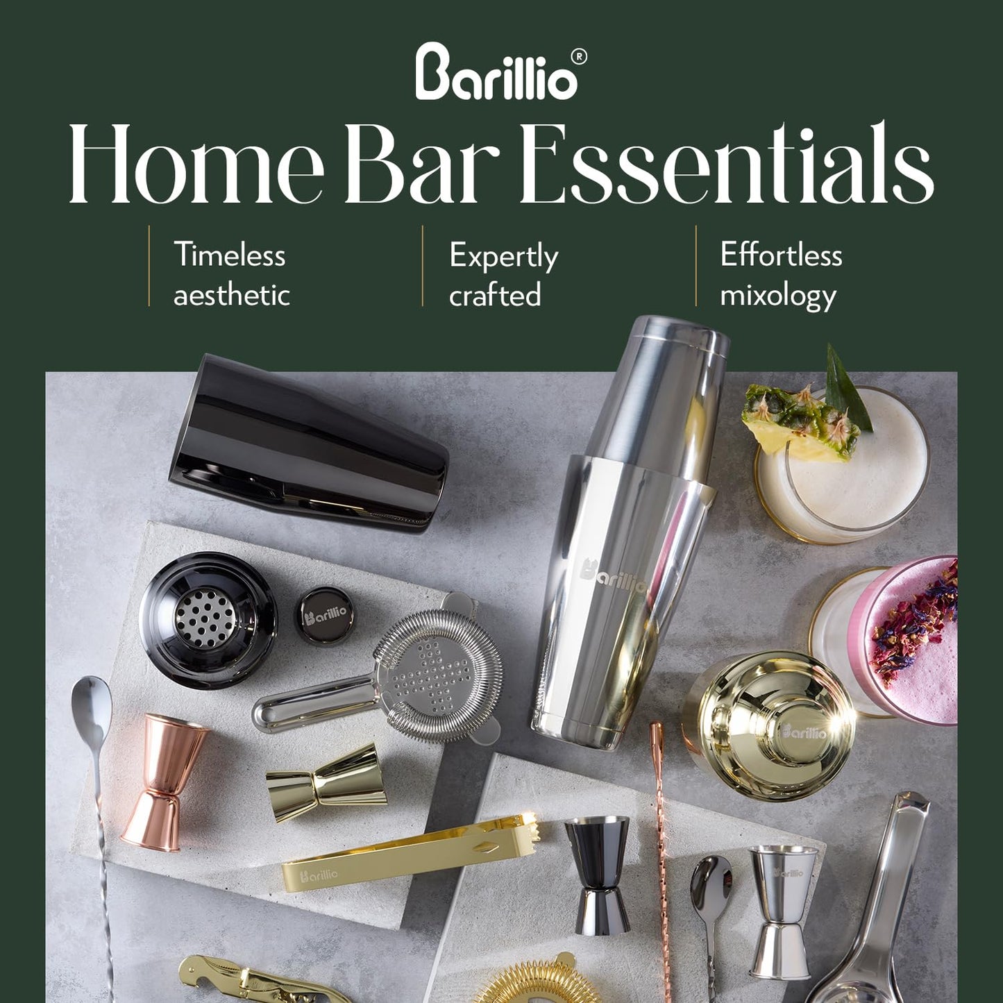 Barillio Bartender Kit - Stainless-Steel Cocktail Shaker Set w/Bamboo Stand - Mixology Bar Tools w/Drink Shaker, Mixer Spoon & Muddler for Cocktails - Home Bar Accessories - 23-Pc Bar Set - Silver