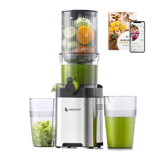 AMZCHEF Cold Press Juicer, Juicer Machines - 4.6" Large Feed Chute for Whole Fruits & Vegetables, Stainless Steel Slow Masticating Juicer Easy to Clean, Large Auger, Double Strainers, Silver