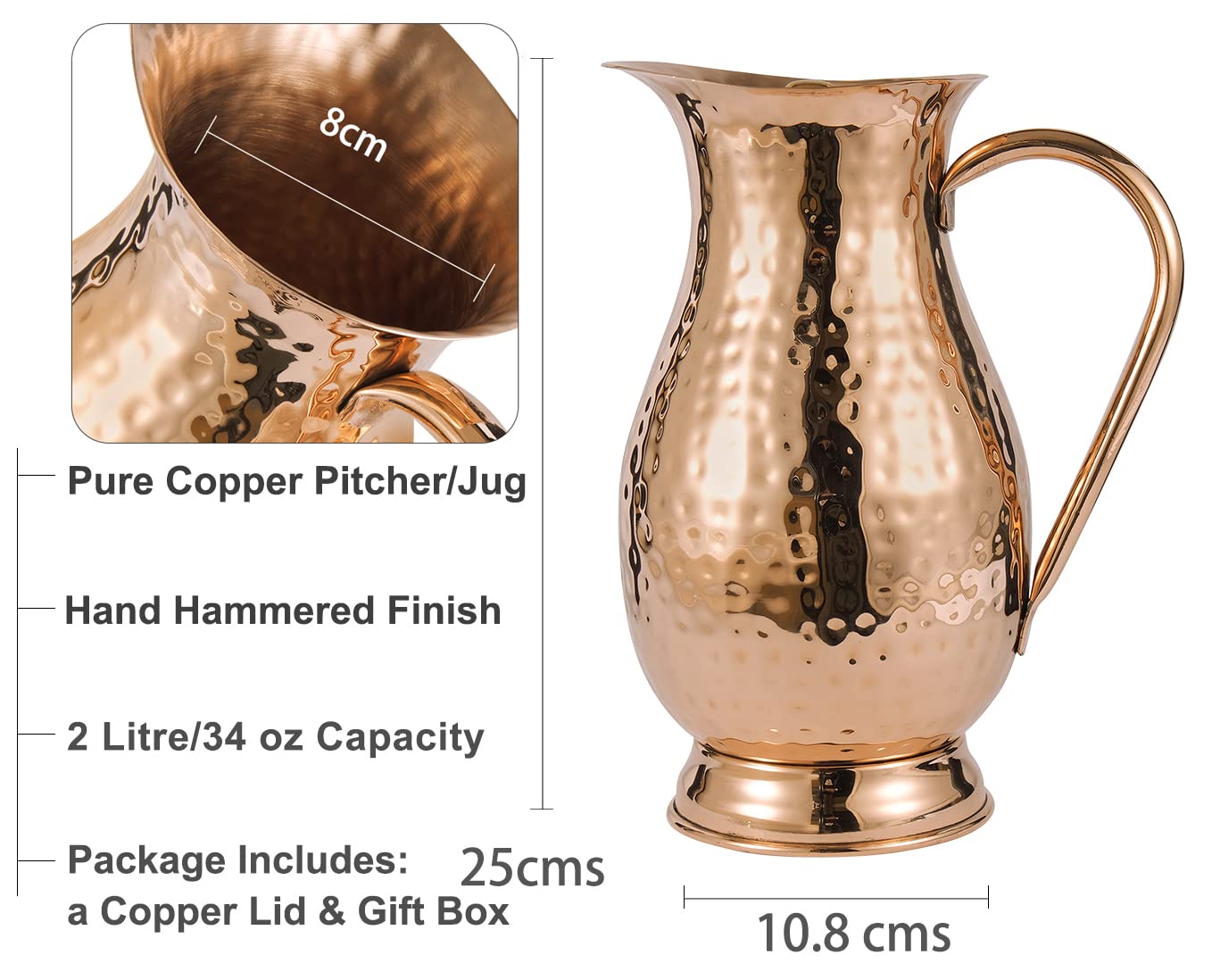 Pure Copper Pitcher with a Lid, Large Size Solid Handcrafted Copper Water Hammered Jug, Capacity 70 Oz/2000ml, Copper Carafe For Home, Hotels & Gifting