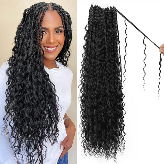 Boho Crochet Braids Human Hair Mixed 24 Inch Goddess Crochet Boho Box Braid with Human Hair Mixed Curls Bohemian Braids Crochet Hair for Black Women (24Inch,1B)