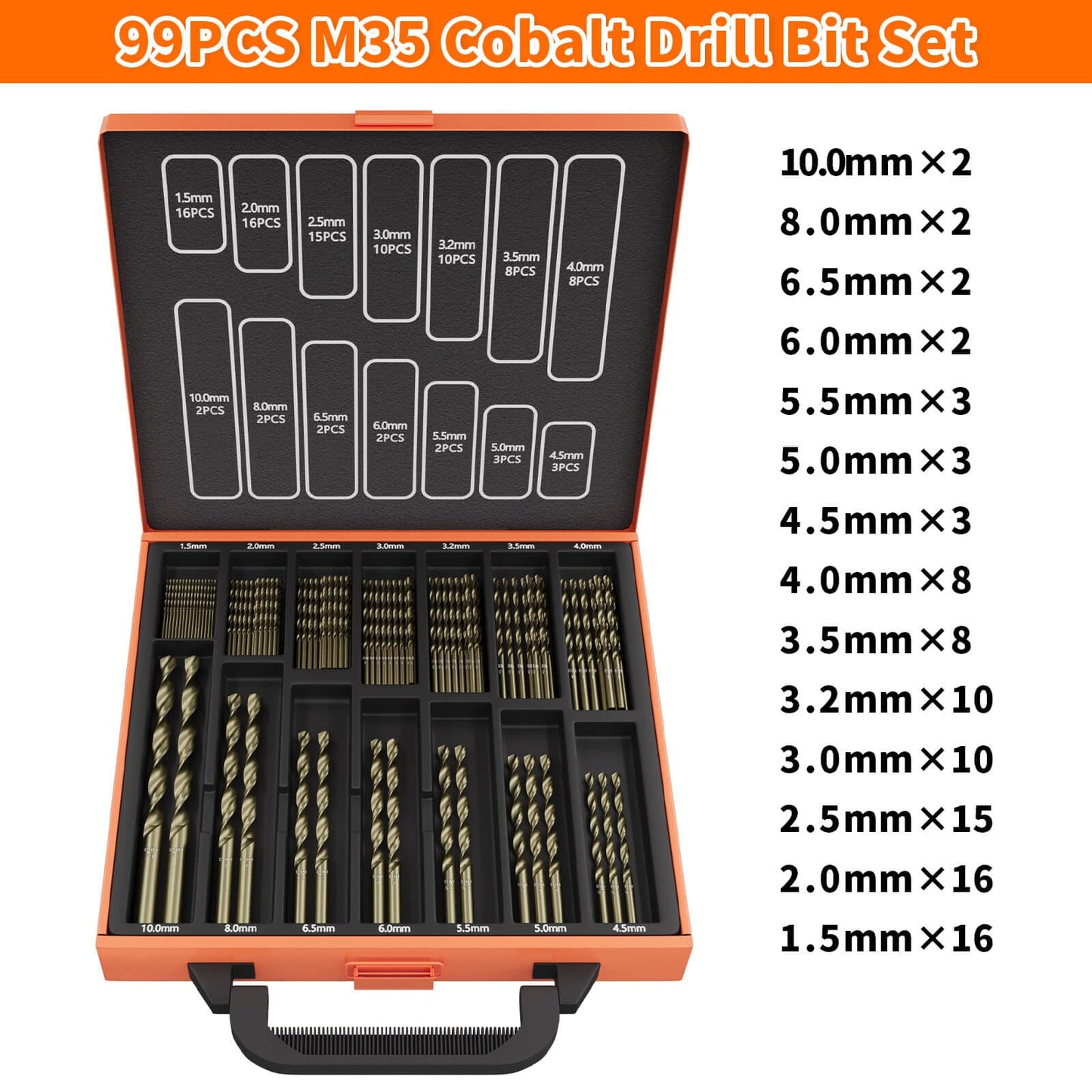 ENERTWIST Cobalt Drill Bit Set, 99Pcs HSS Twist Jobber Drill Bits,135° M35 Metric Drill Bits for Hardened Metal, Stainless Steel, Cast Iron, Wood and Plastics with Metal Index Storage Case(1.5mm-10mm)