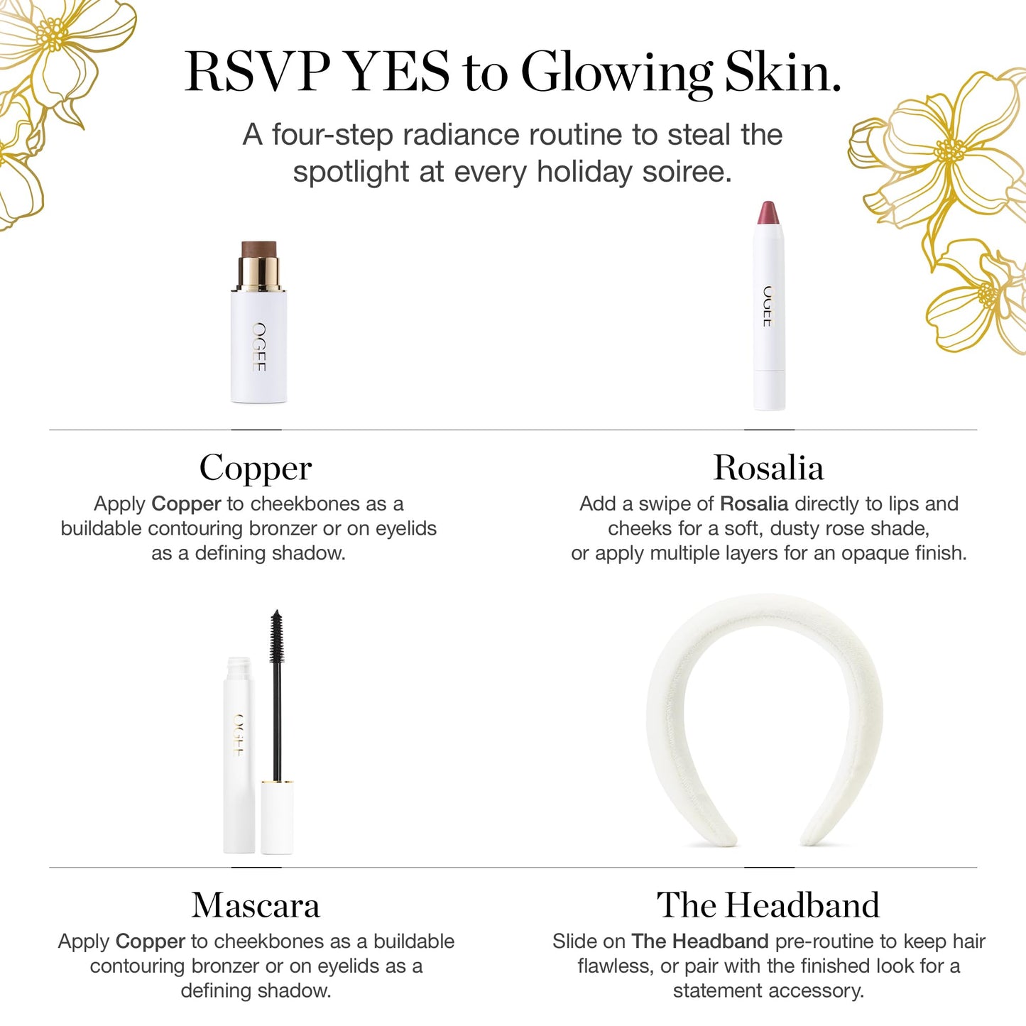 Ogee Cheers to Glow Limited-Edition Set - Sculpted Face Stick in Copper, Tinted Sculpted Lip Oil in Rosalia, and Beyond Clean Volumizing Mascara
