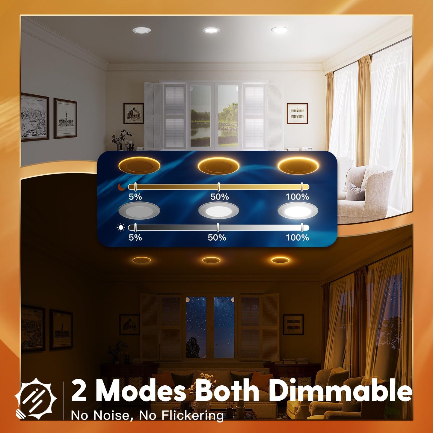 FREELICHT 12 Pack 5/6 Inch 5CCT LED Recessed Can Light with Night Light, 2700K/3000K/4000K/5000K/6000K Selectable Flat Recessed Lighting, 10W=110W, 1000LM, Dimmable Retrofit - ETL & FCC