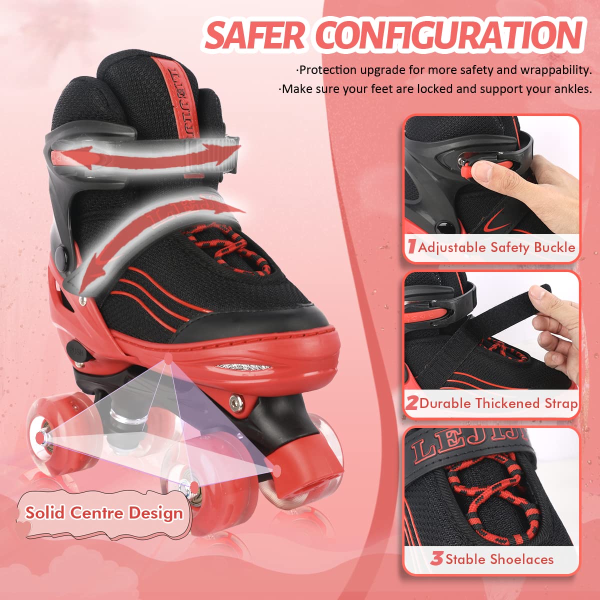 LEJIJIT Adjustable Roller Skates for Boys Girls Toddler Ages 3-12, 4 Sizes for Kids and Youth Adult with Light Up Wheels, Black Red Roller Skates for Sports. (Toddler 7C-10C)