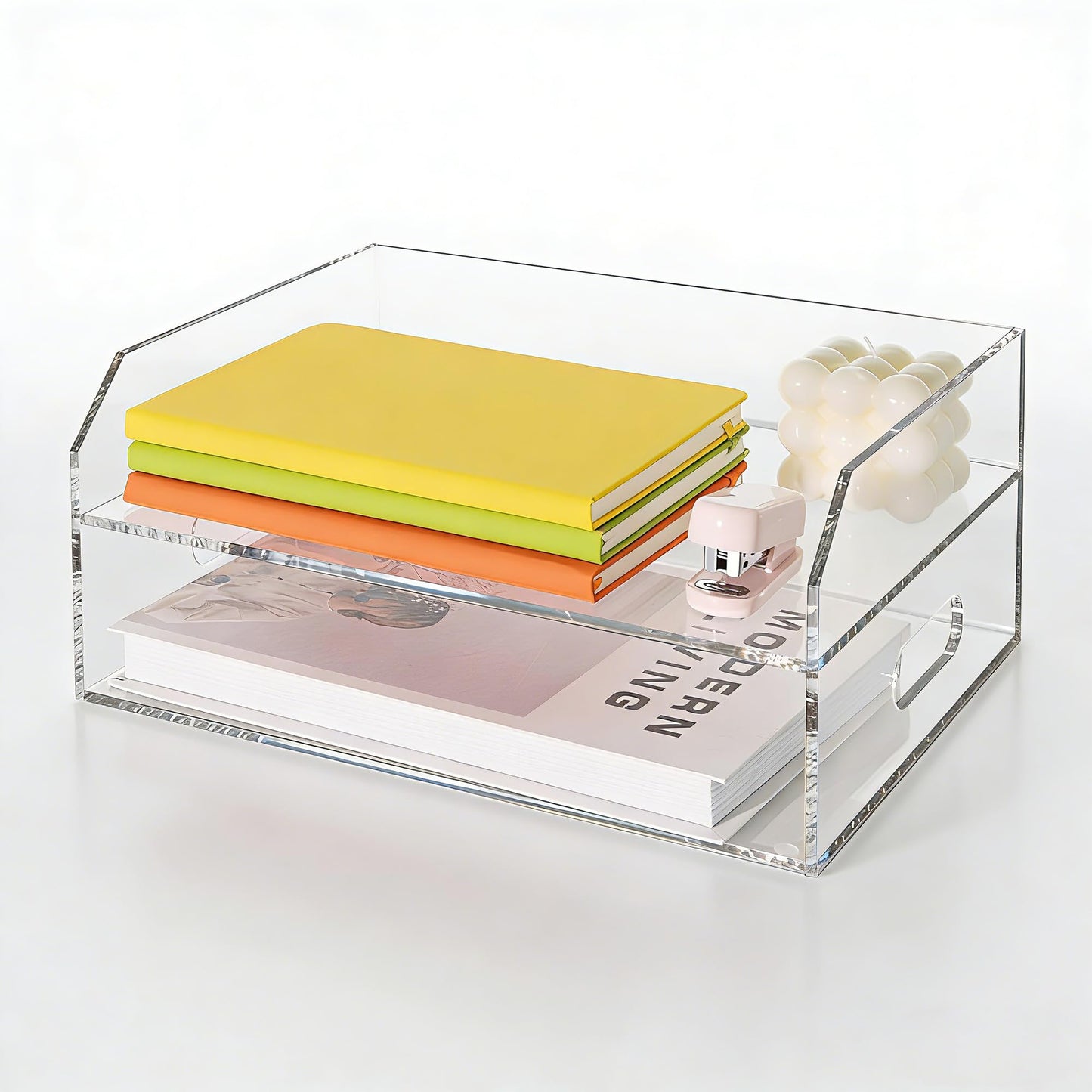 AIMOLLY Paper Tray Organizer for Desk, 2 Tier Acrylic Desk Organizers and Accessories, One-Piece Integrated A4 Paper Organizer with Handles, Crystal-Clear Letter Tray & Compact Office File Holder