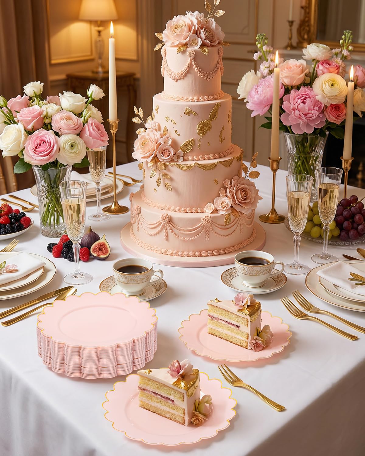 LIYH 100 Pcs 7.5" Pink Plastic Plates with Gold Disposable Pink Dessert Plates Gold Plastic Plate,Baby Shower Plate Set Suitable for Weddings Bridal Showers Afternoon Tea
