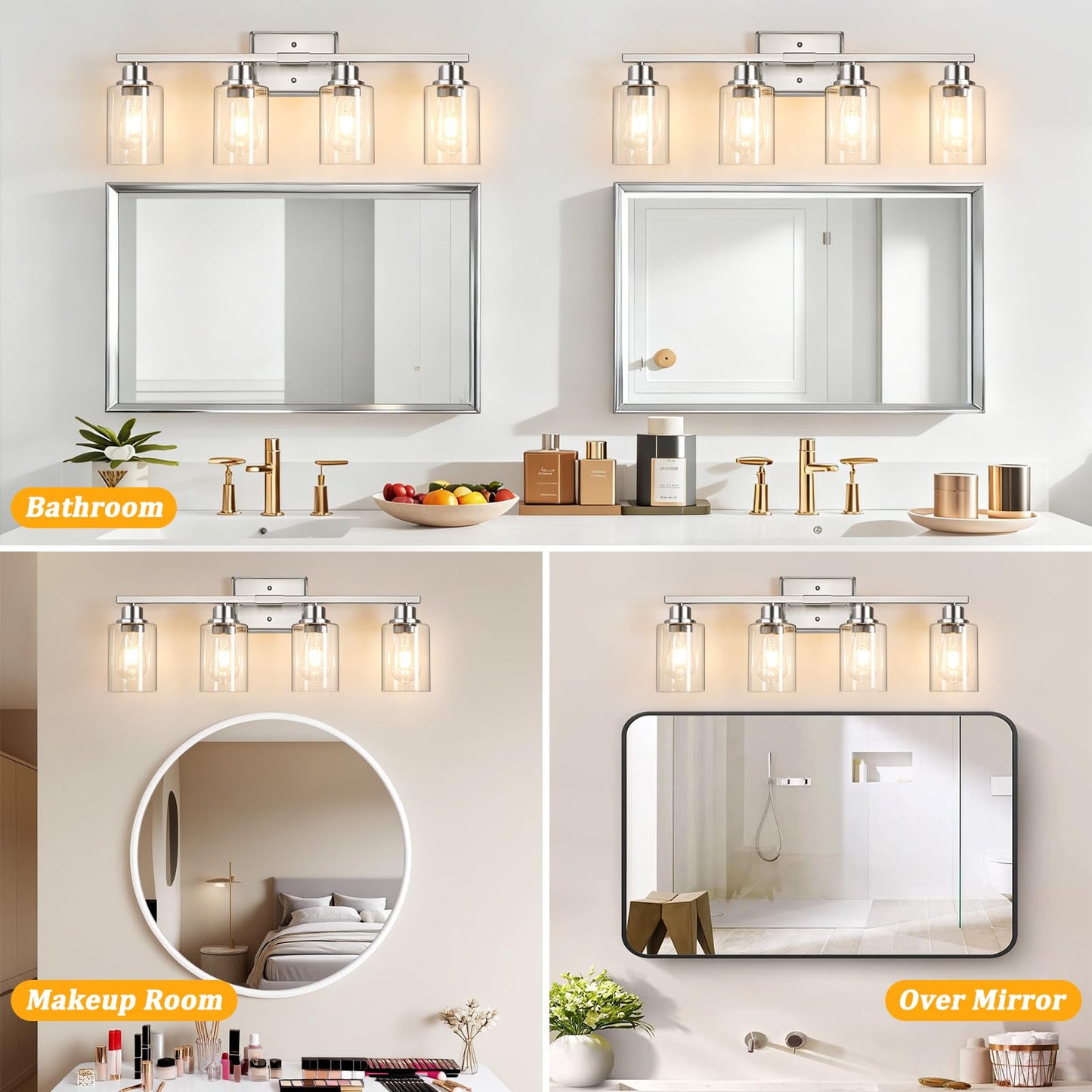 Unicozin 4-Light Bathroom Light Fixtures, Modern Vanity Lights with Clear Glass Shades, Brushed Nickel Bathroom Wall Lamp for Mirror Living Room Cabinet Bedroom