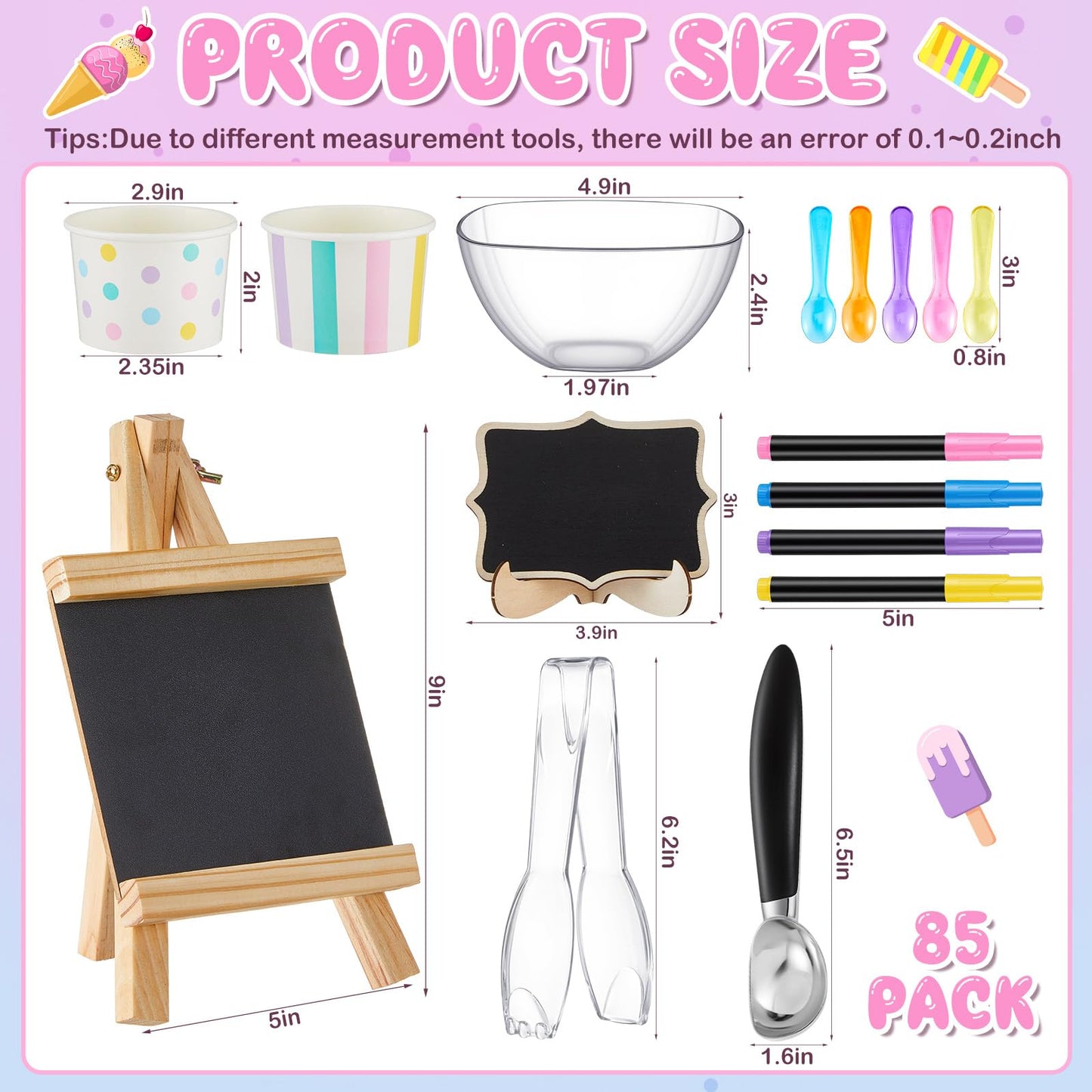 Ferrochef 85 Pcs Ice Cream Party Supplies Kit – Ice Cream Bar Decorations Set with Cups, Scoops, Salad Bowls Withtongs, Tasting Spoons, Chalkboard & Markers — Ideal for Birthday, Summer Party