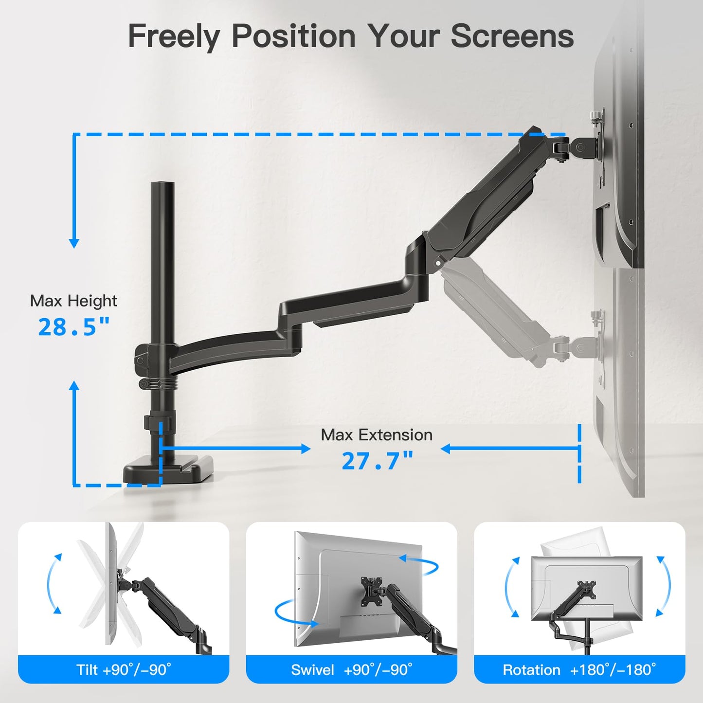 ErgoFocus Long Arm Monitor Mount, 13 to 32 inch Computer Desk Mount, Extra Long Adjustable Stand, Hold up to 19.8lbs, Tall Arm with Tilt, Swivel, Rotation, VESA 75/100mm