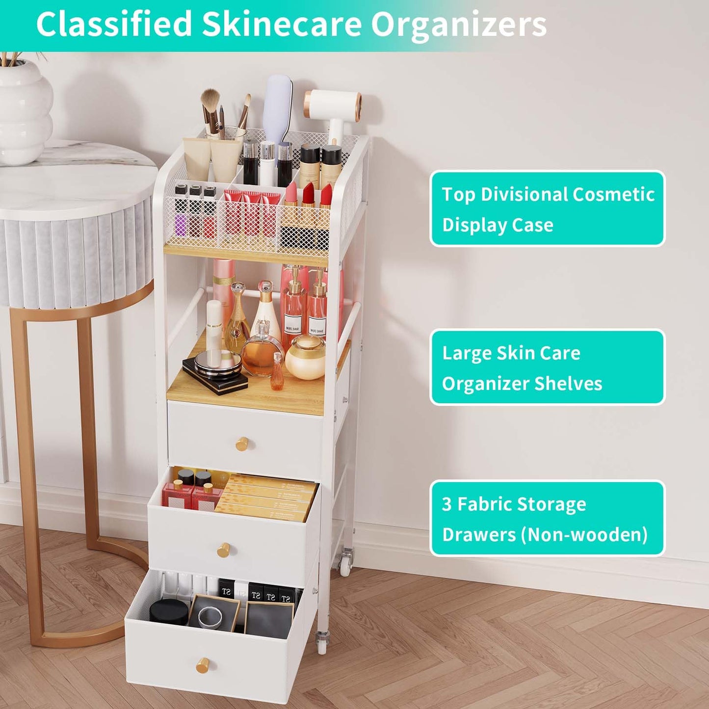 HapiRm Rolling Makeup Cart Organizer - Floor Skincare Make Up Storage with 3 Non-woven Fabric Drawers, Vanity Organizer Cosmetic Display Cases Holder for Skin Care Perfume Nail Polish Brush Hair Tool