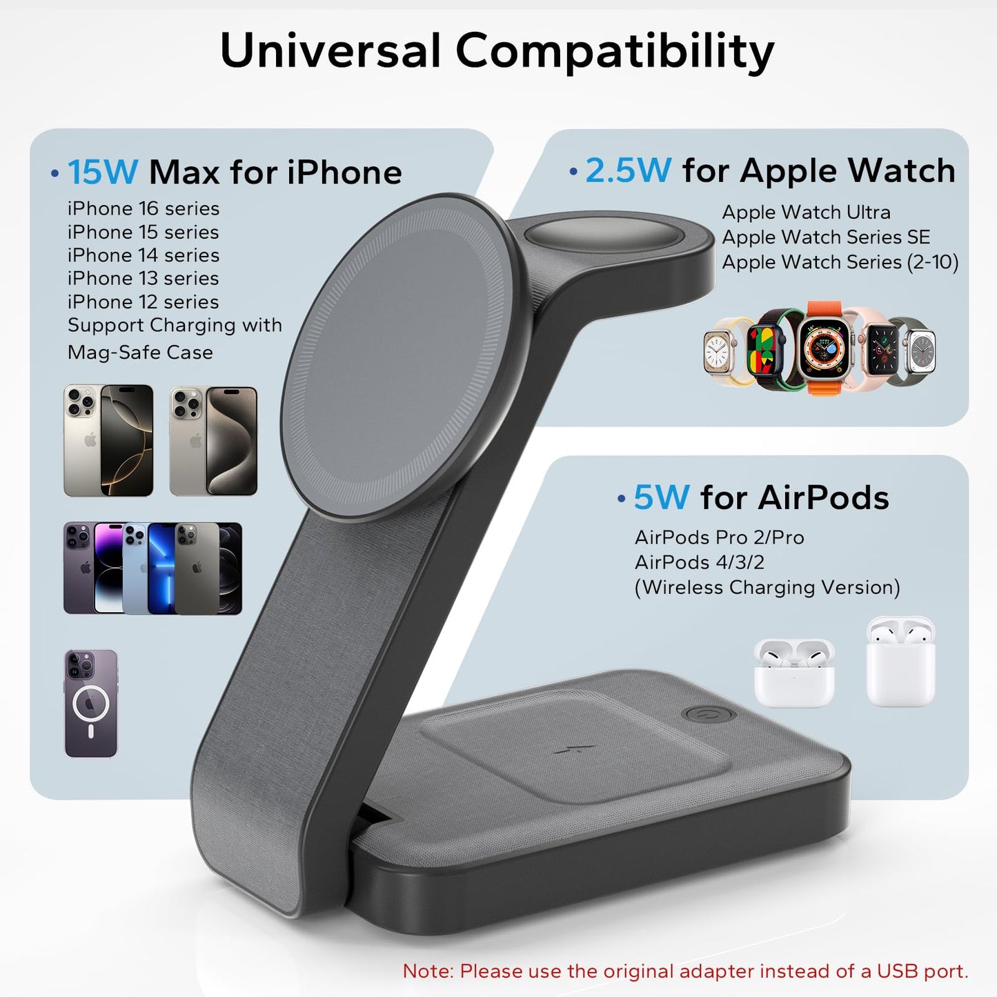 eazpower 3 in 1 Foldable Wireless Charging Station for MagSafe, Travel Magnetic Charger Stand for iPhone 16 15 14 13 Pro Max, Nightstand Charging Dock with Night Light for Apple Watch/AirPods