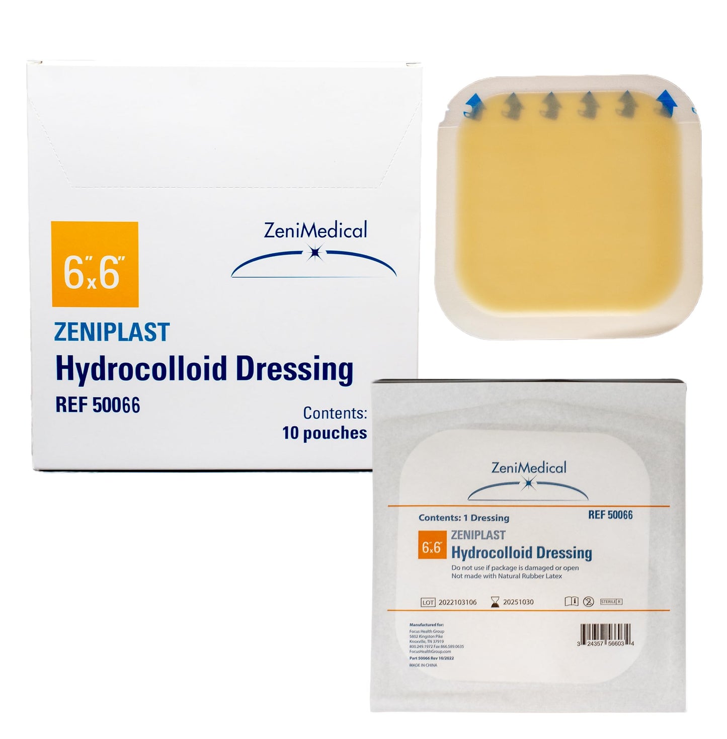 ZeniPlast (6" x 6") Hydrocolloid Dressing, Sterile Adhesive Patches, Waterproof Wound Dressing, Extended Wear, 10/Box