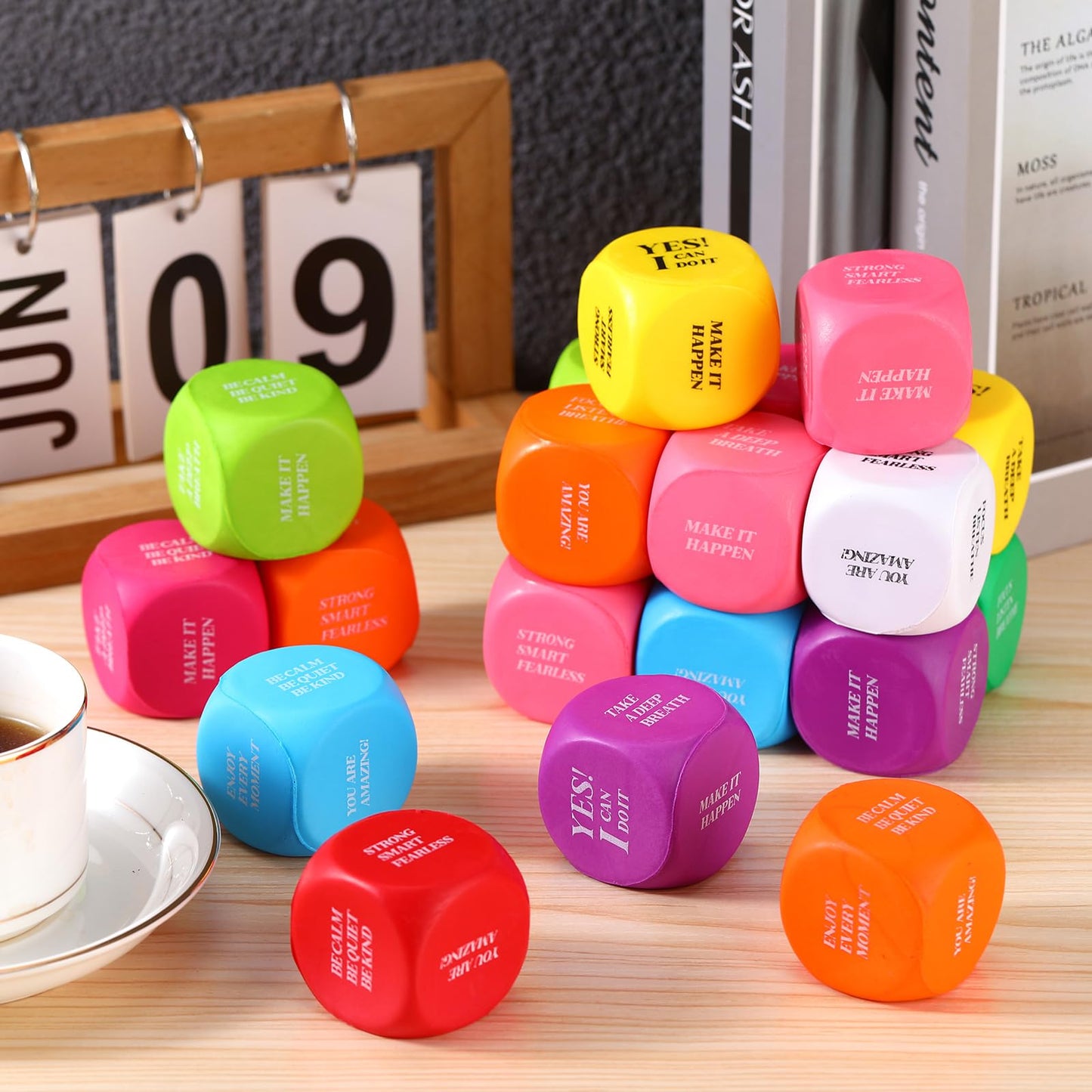 Jerify 100 Pcs Motivational Foam Cubes Stress Ball with Quotes, Square Dice Shaped Foam Stress Relief Toys for Fidget Kids Adults Classroom School Supplies Learning (Cute Colors)