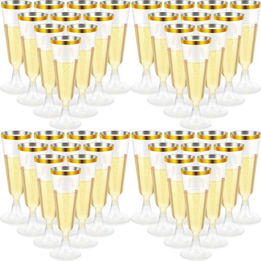 150 Pcs Gold Plastic Champagne Flutes - Clear Disposable Crystal Wine Glasses for Wedding Toasting, Party Cocktail Cups