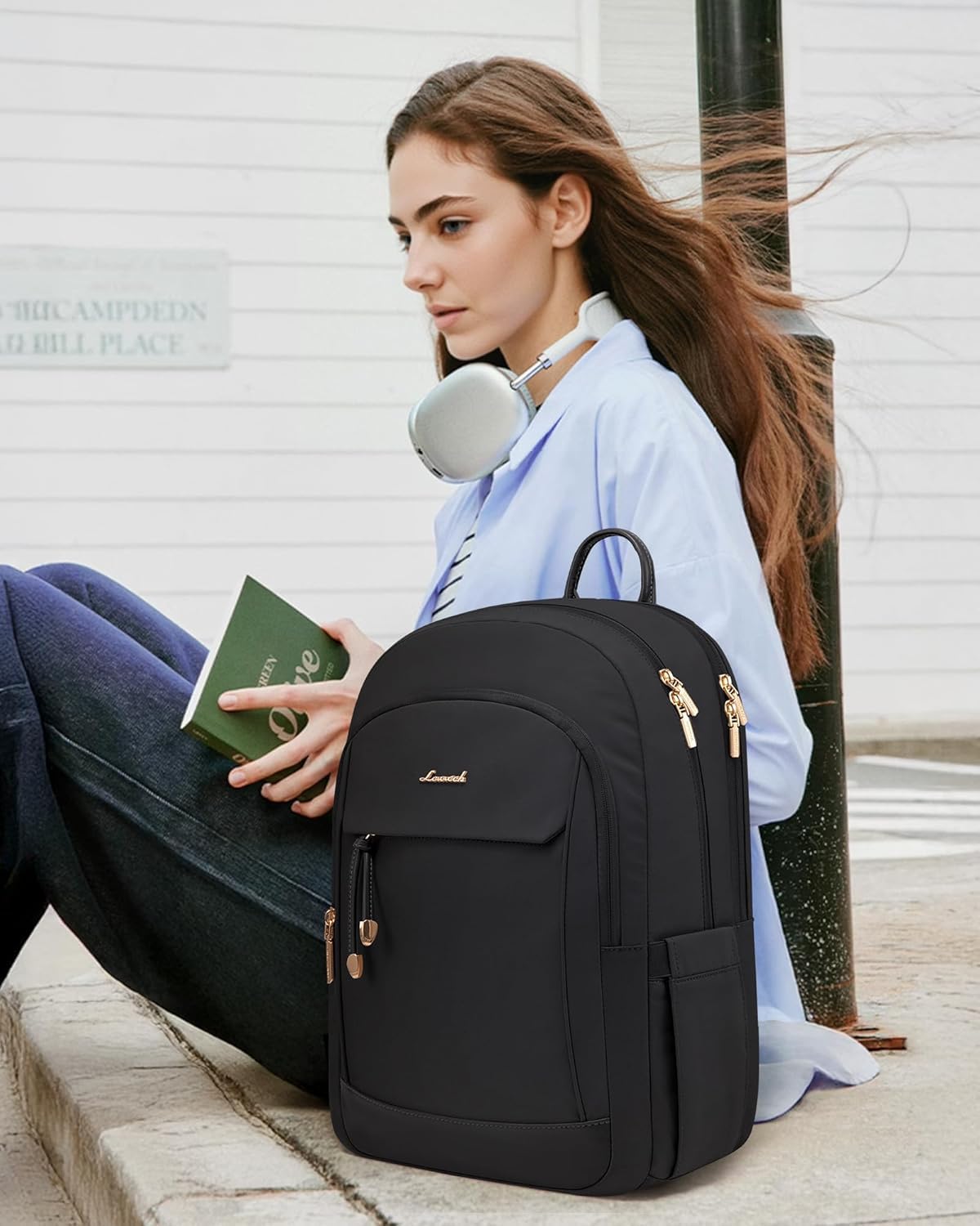 LOVEVOOK Laptop Backpack for Women, 15.6 inch Waterproof College Backpack Woman with Laptop Compartment Computer Bag Travel Backpack Purse, Large Black Computer Daypack for Work Casual, Black