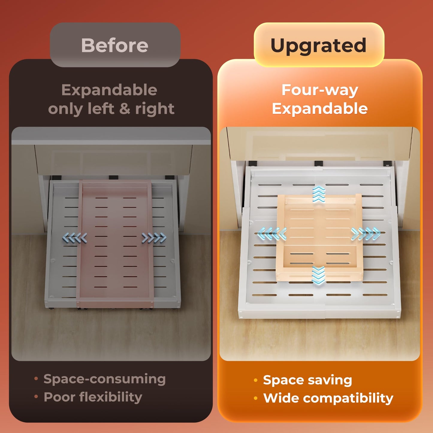 Makfoner 2 Pcs Pull Out Cabinet Organizers, Width (12"-19") and Depth (17"-23") Expandable With 3 Slides, No Drill Slide out Drawers Adhesive Film or Nail Cabinets Without Lip in Kitchen, Bathroom