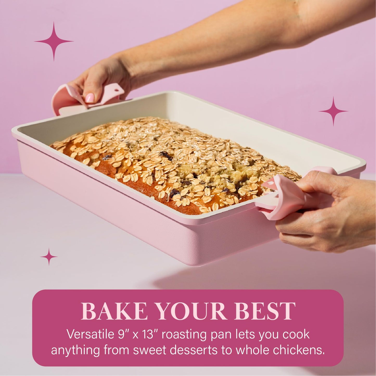 Paris Hilton Deluxe Roasting Pan Set, Heavy Duty Nonstick Bakeware with Silicone Handle Grips, 13"x9", Pink