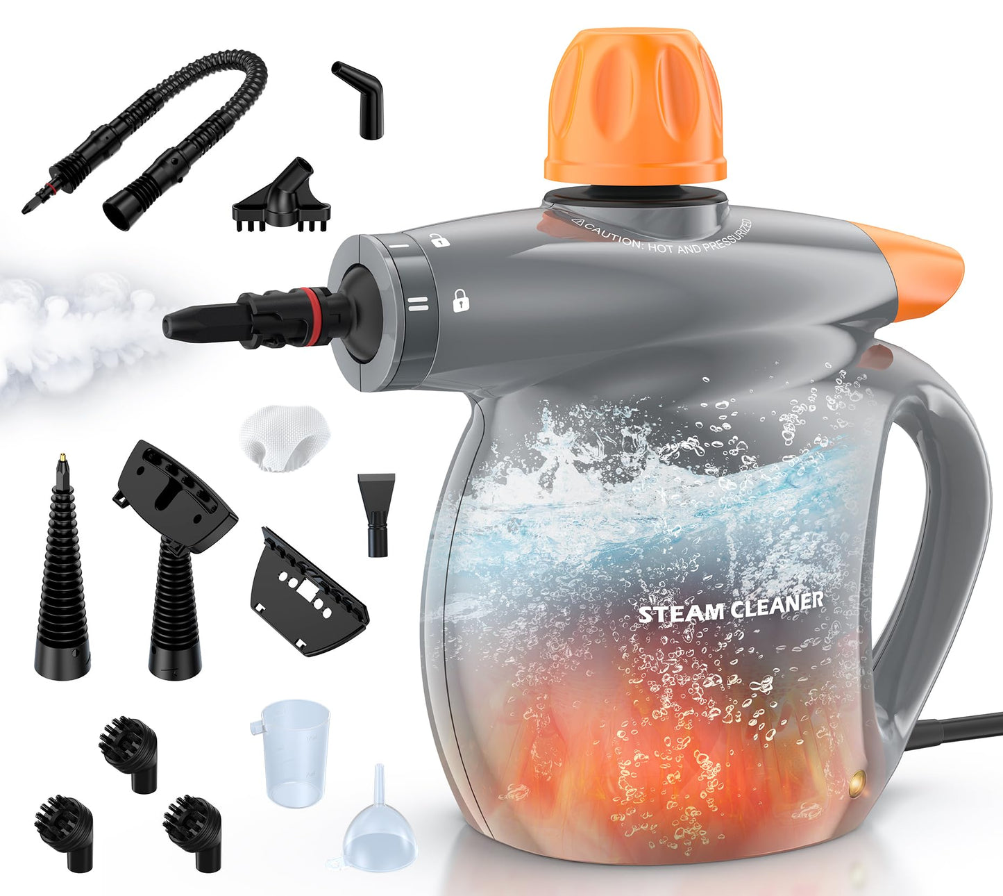 Steam Cleaner, Pressurized Handheld 13pcs Multi-Purpose Natural Deep Cleaning Steamer, Portable Steamer for Cleaning Home, Grout, Kitchen, Car, Window, Upholstery, Bathroom and Clothes, Gray