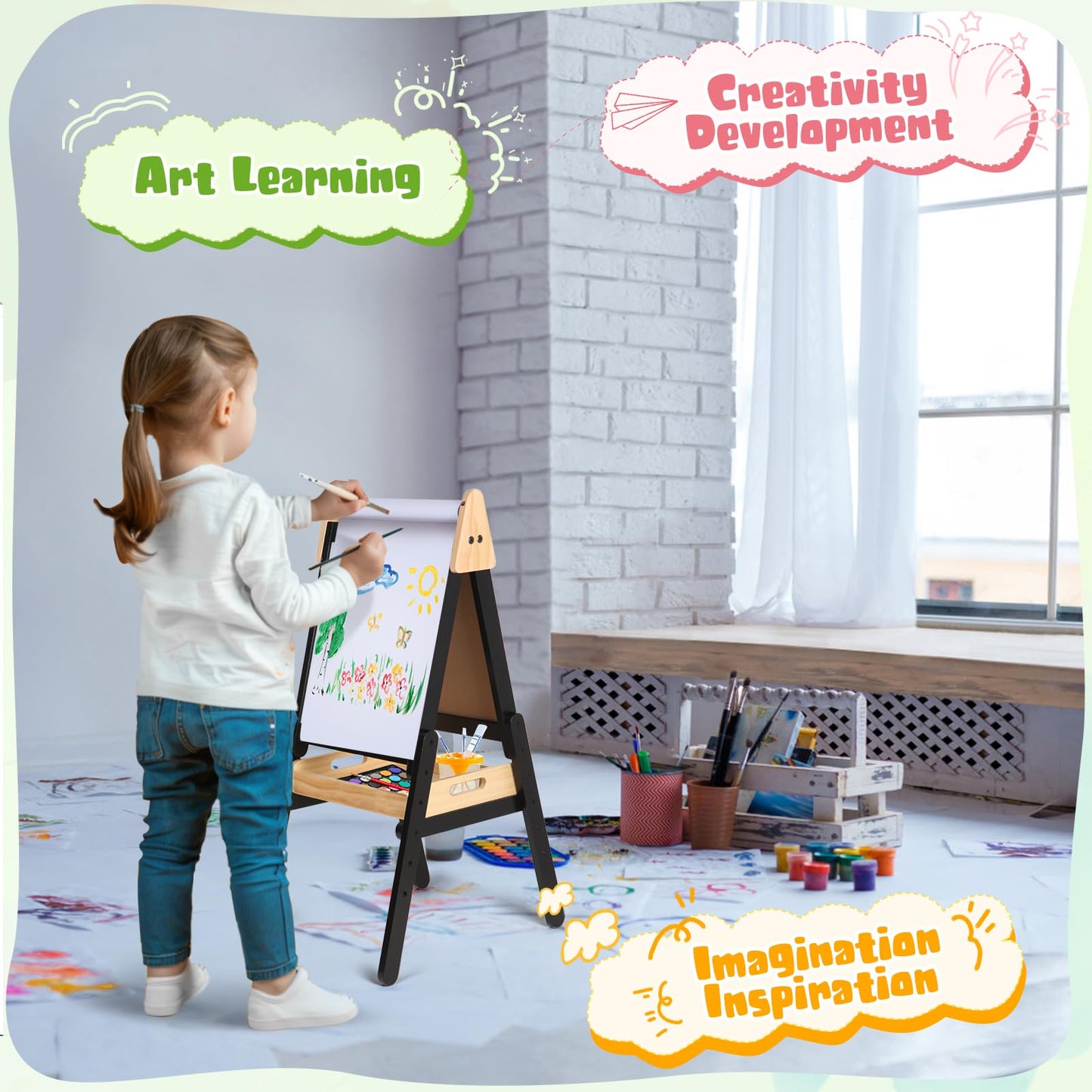 3 in 1 Easel for Kids with Wood Tray Double Sided Kids Easel with Paper Roll,Magnetic Chalkboard & White Board Height Adjustable Painting Standing Drawing Board for Toddlers Childrens 2+ (Black)