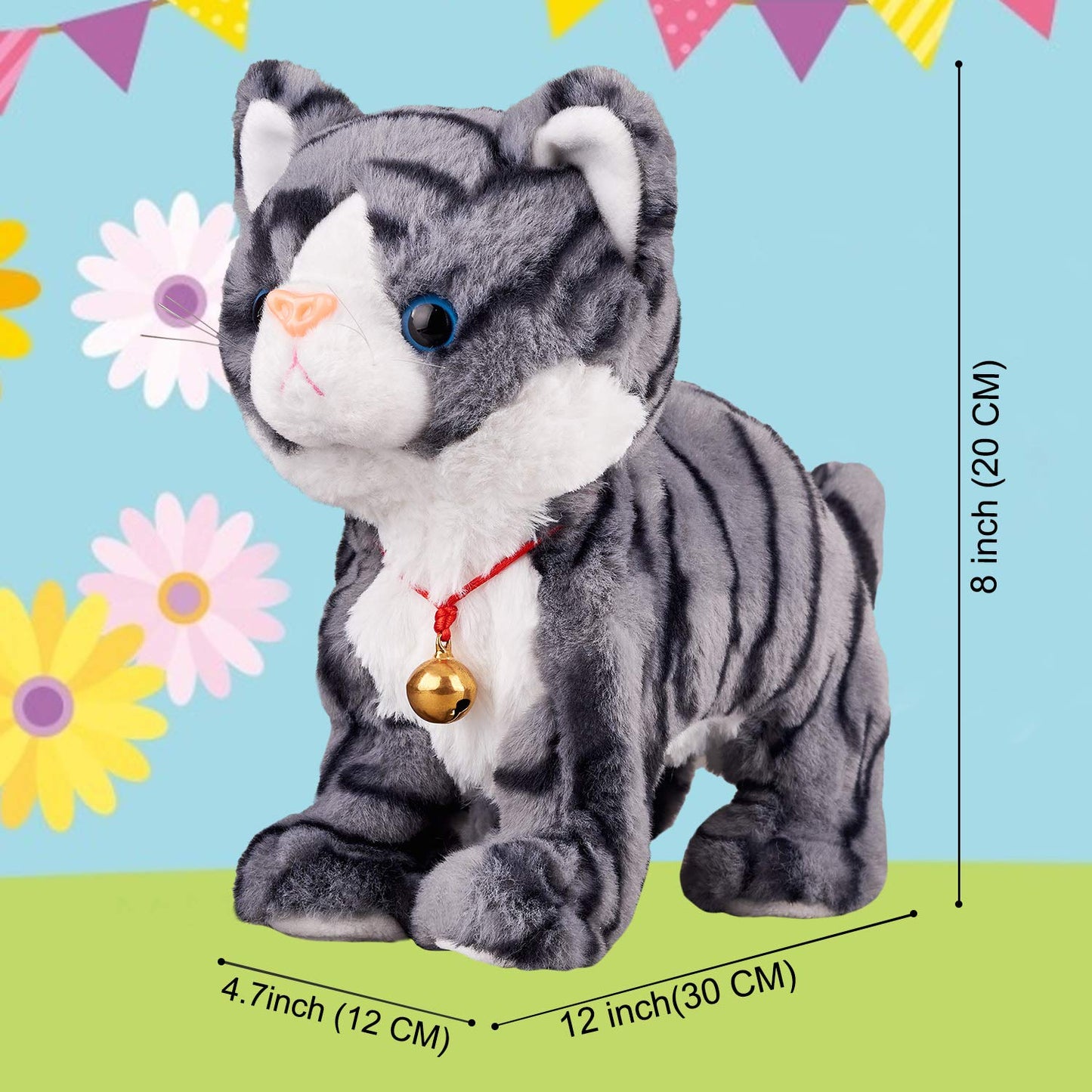 Marsjoy Pattern Gray Robot Cat Plush Cat Stuffed Animal Interactive Cats, Meow Kitten Touch Control, Electronic Cat Pet, Animated Toy Cats for Girls Baby Kids