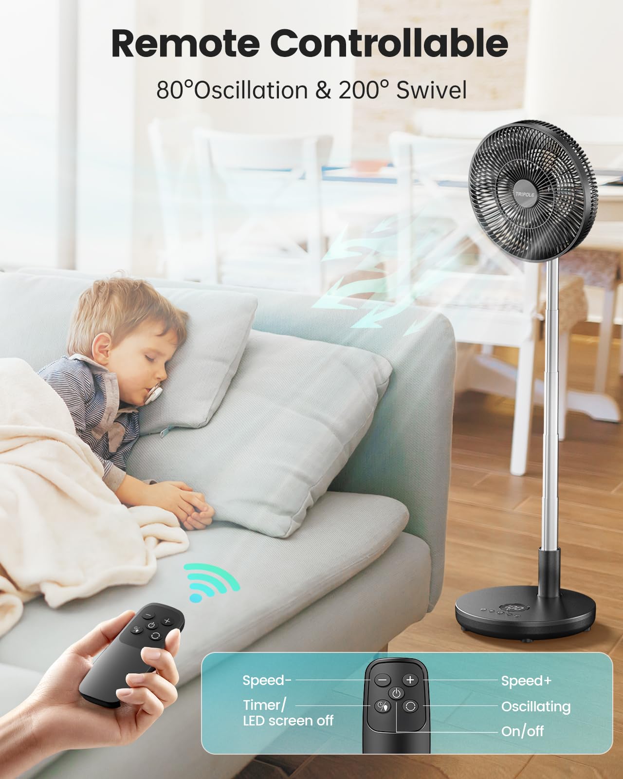 TriPole Foldable Standing Fan 12" Portable Rechargeable Battery Pedestal Fan with Remote, Timer Setting, Height Adjustable, for Home Office, 6 Speed, 12000mAh (Black)