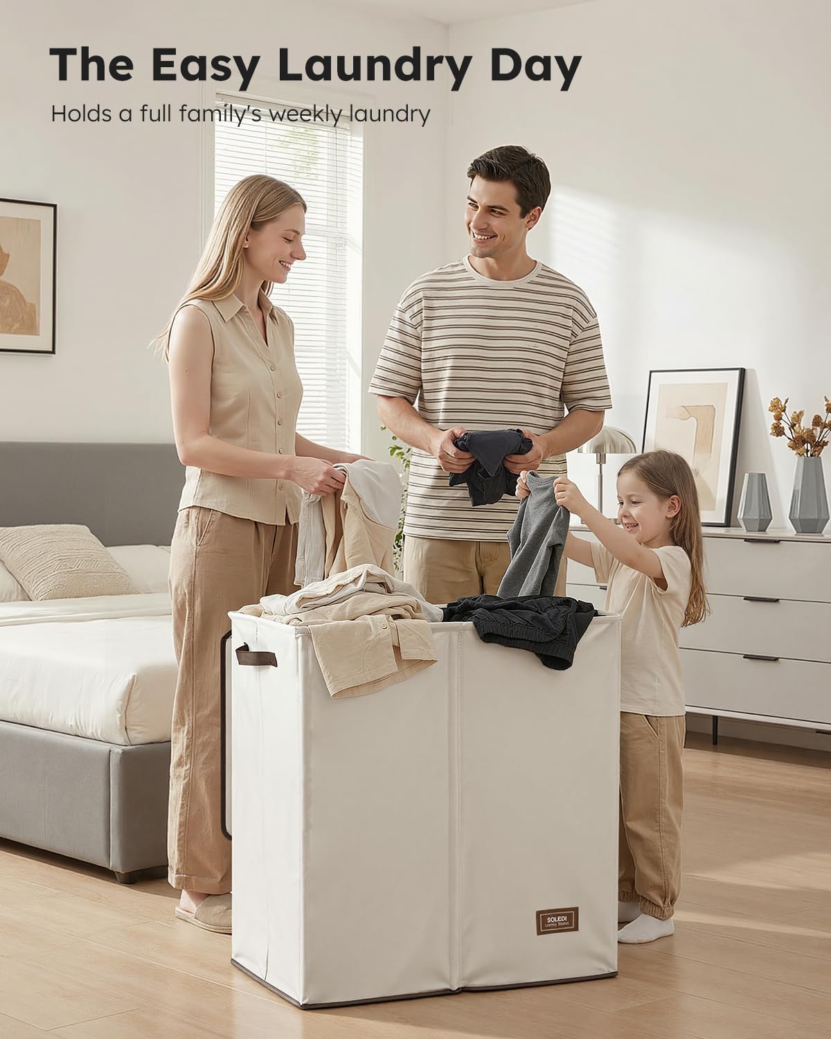 SOLEDI Large Double Laundry Hamper with Lid,165L Collapsible Clothes Hamper 2 section with Removable Bags, Space-Saving Laundry Basket for Bedroom, Dorm, College