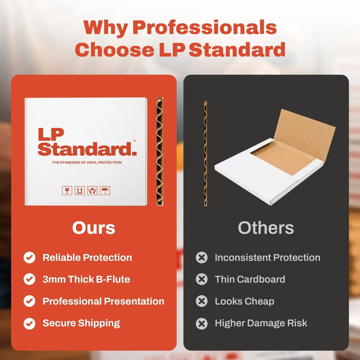 LP Standard (25 Pack) Heavy Duty Vinyl Record Mailers | For 12.5" X 12.5" x 1" Records | 3x Cardboard Thickness, Protective Warning Icons, and Professional Look | Durable Viny Records Shipping Boxes