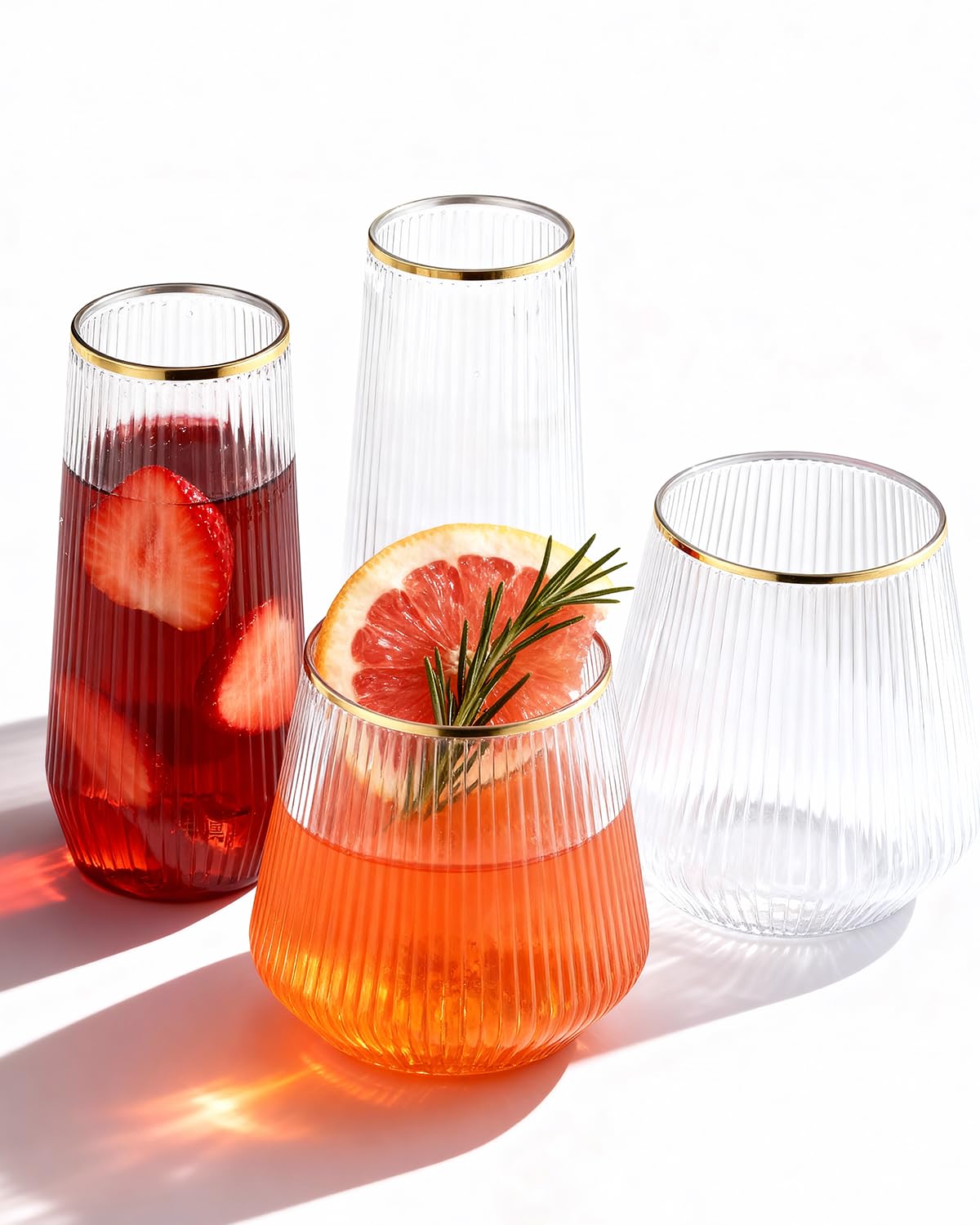 48 Pack Disposable Ribbed Origami Ripple Plastic Glasses Set - 24 9 OZ Stemless Champagne Flutes & 24 12OZ Cups, BPA-Free Shatterproof Clear Drinkware for Weddings, Parties & Events(Gold Rim)