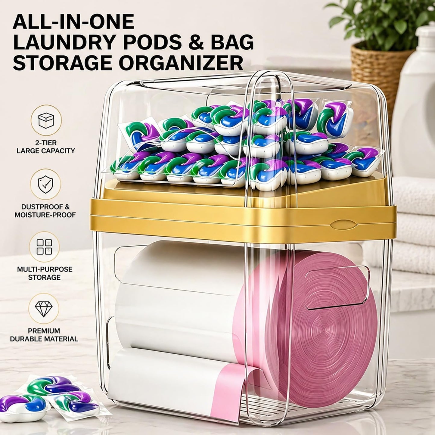 ZZWILLB 2-in-1 Trash Bag Dispenser & Laundry/Dishwasher Pods Container, Clear Acrylic Garbage Bag Holder with Removable Lids, Under Sink Organizer Kitchen Pantry Storage Box