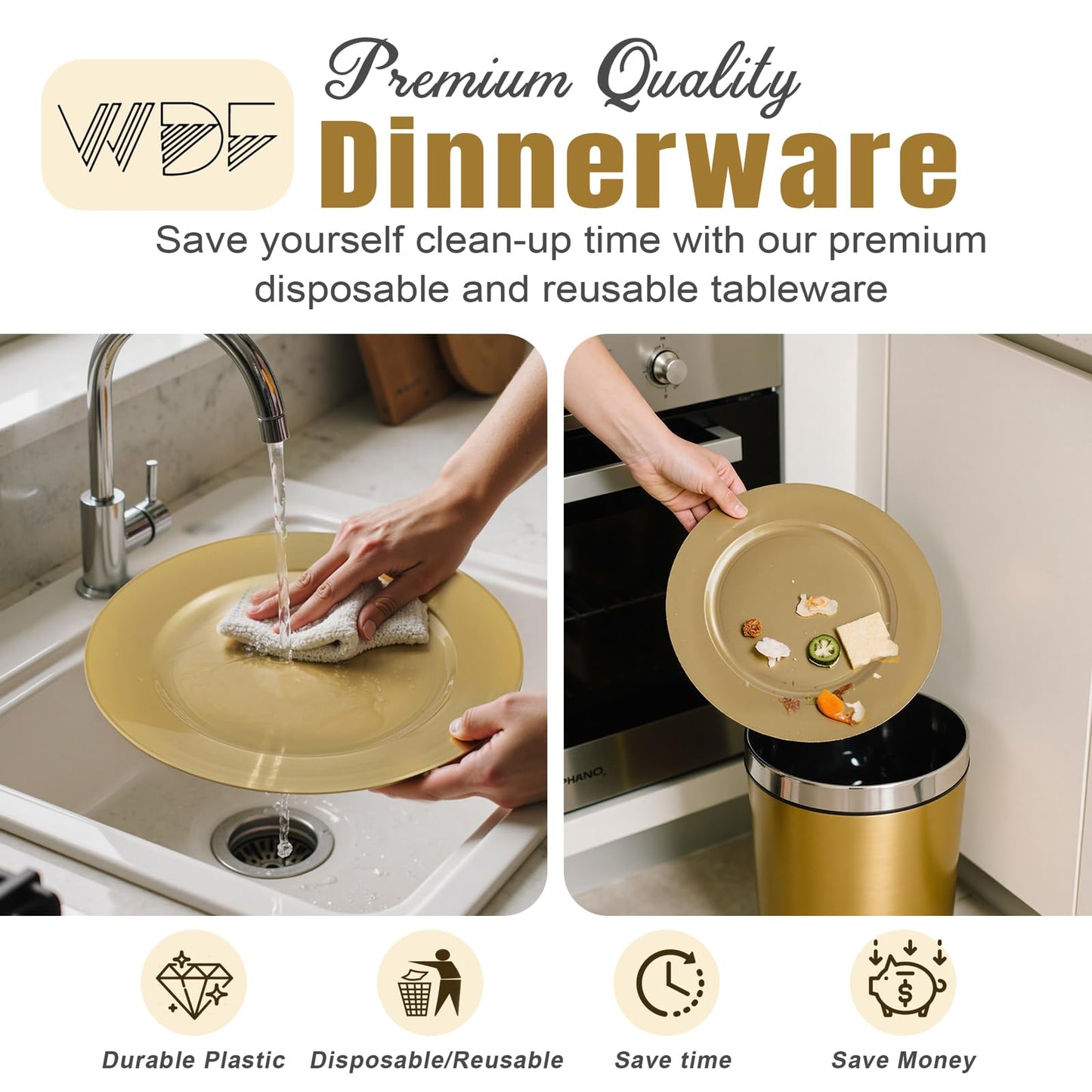 WDF 12Inch Plastic Charger Plates - 25Pack Gold Charge for Dinner - Disposable Gold Charge Plates - Perfect for Dinner/Wedding Party/Elegant Tabletop Decor
