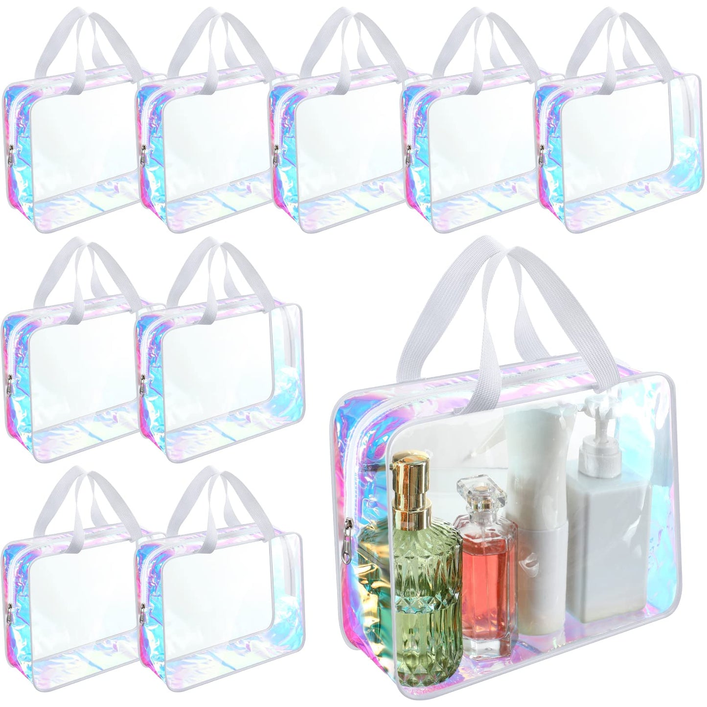 Sweetude 10 Pcs Large Clear Toiletry Bag Large Capacity Travel Makeup Bag PVC Clear Plastic Tote Bag Iridescent Cosmetic Bag Cosmetic Clothes Organizer Bag for Women Men