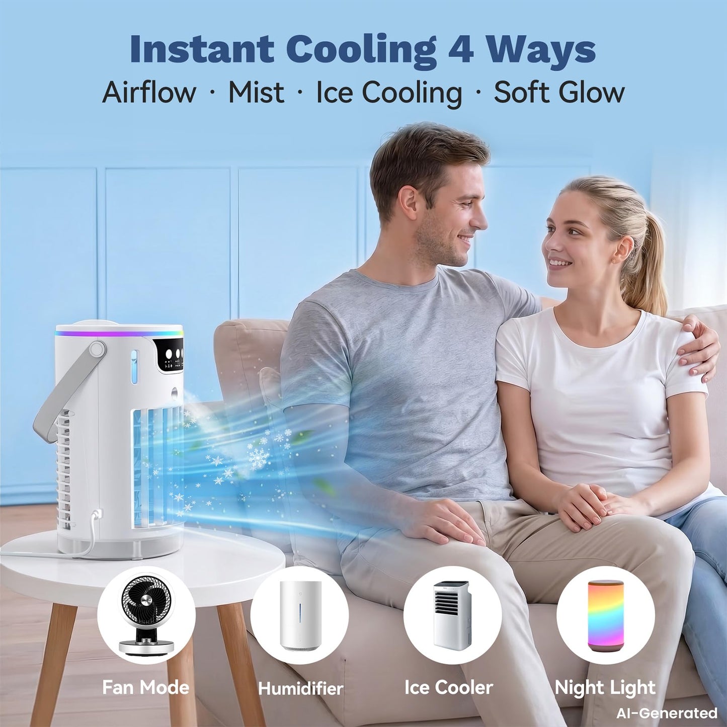 Portable Air Conditioners, Personal Evaporative Air Cooler 1200ML with Ice Cooling Mist Fans That Blow Cold Air Like AC Mini AC Unit for Bedroom, Home Office Desk and Car RV (White)