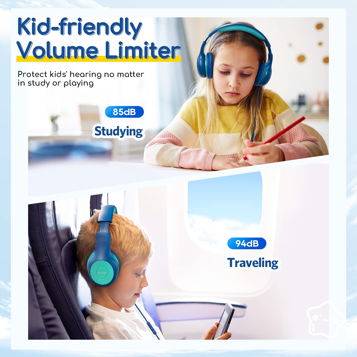 EarFun 3Packs Kids Headphones Wired with Microphone, 85/94dB Volume Limit Headphones for Kids, Portable Wired Headphone with Shareport, Stereo Sound Foldable Headset for School/Tablet/iPad/Kindle