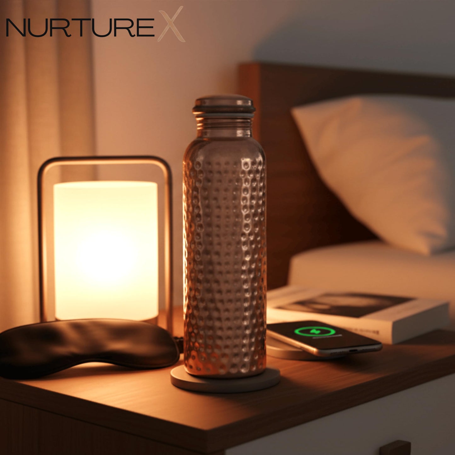 NurtureX Copper Water Bottle, 34 Oz / 1 Liter, ANTI-TARNISH Protective Coating, Leak-Proof, Joint-Free, Handcrafted, Eco-Friendly & Ayurvedic Drinkware for Yoga, Gym & Office - Hammered